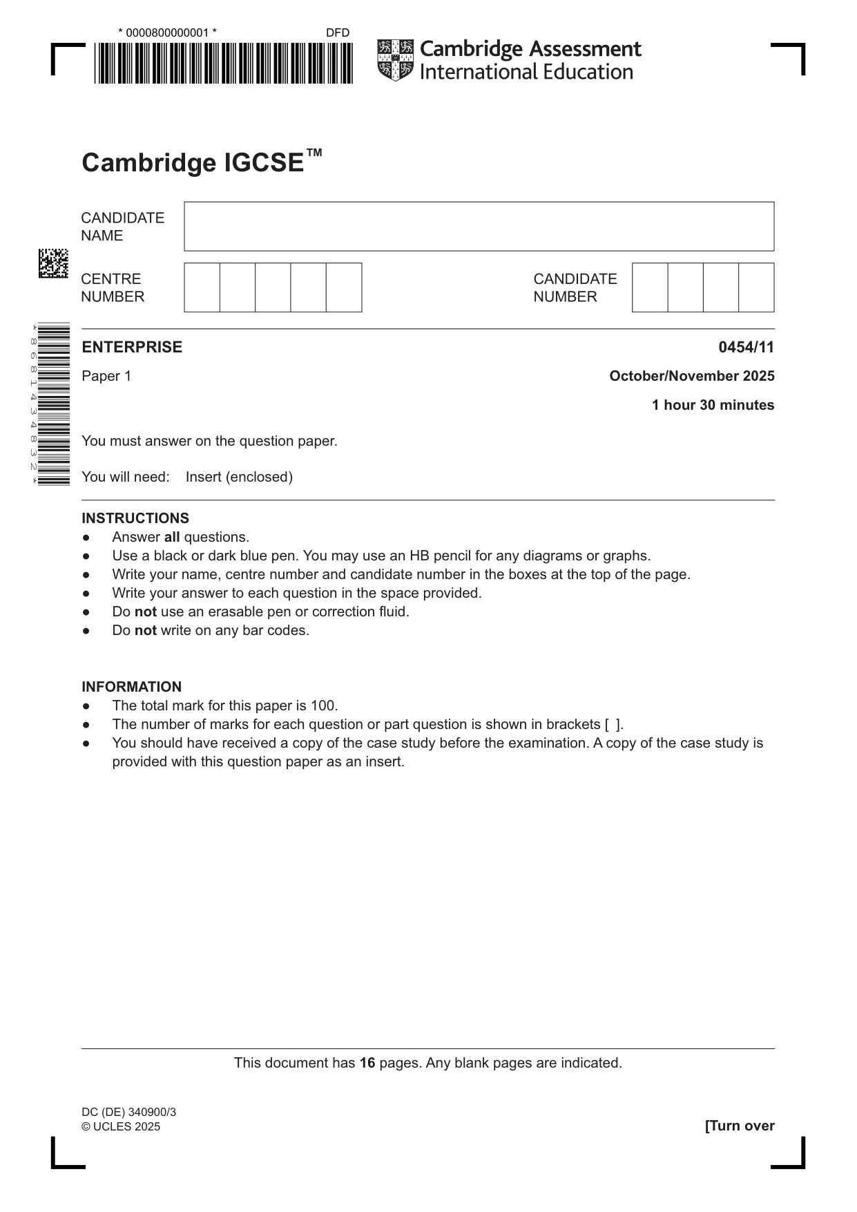 Cambridge IGCSE Enterprise 0454 2025 Oct/Nov Paper 1 · Variant 1 question paper, page 1 of 16