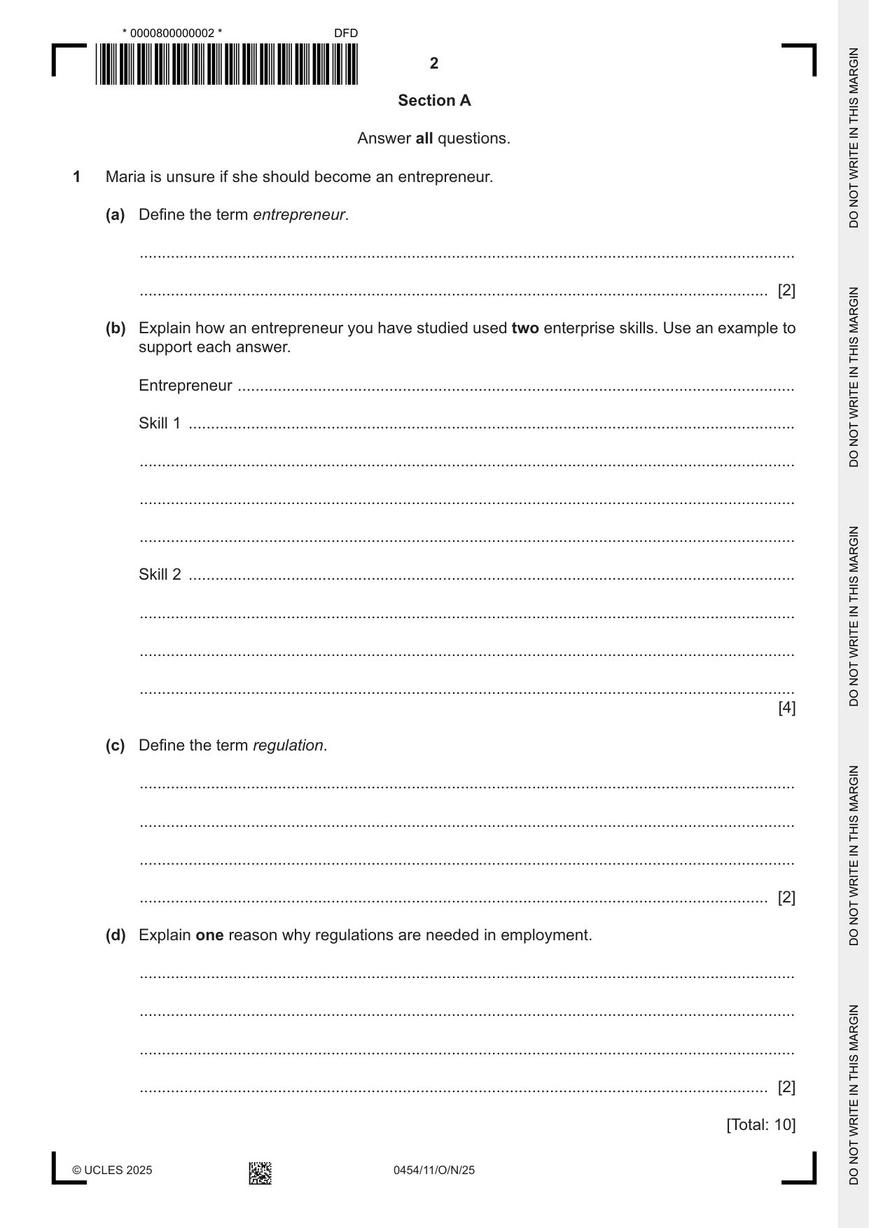 Cambridge IGCSE Enterprise 0454 2025 Oct/Nov Paper 1 · Variant 1 question paper, page 2 of 16