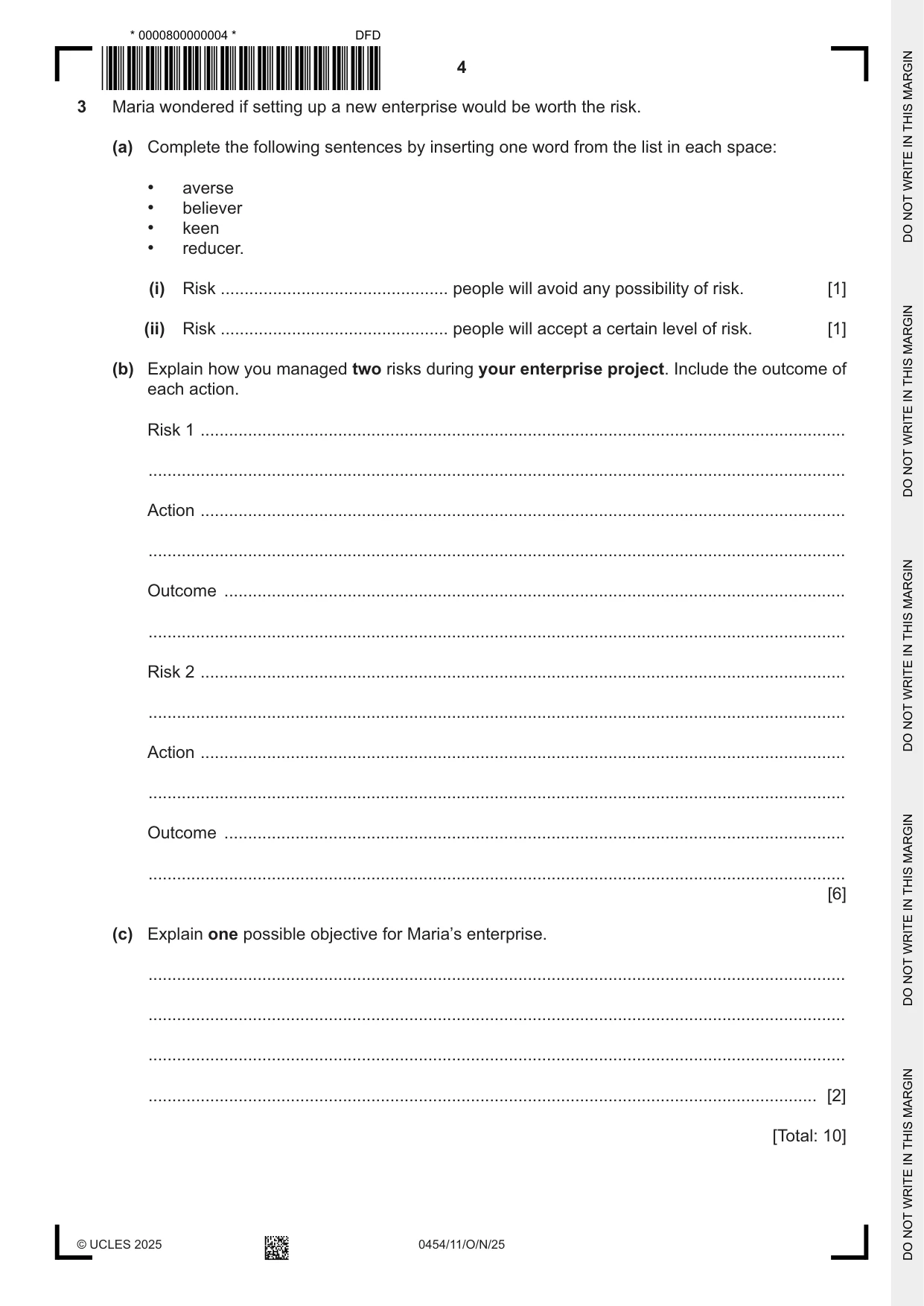 Cambridge IGCSE Enterprise 0454 2025 Oct/Nov Paper 1 · Variant 1 question paper, page 4 of 16