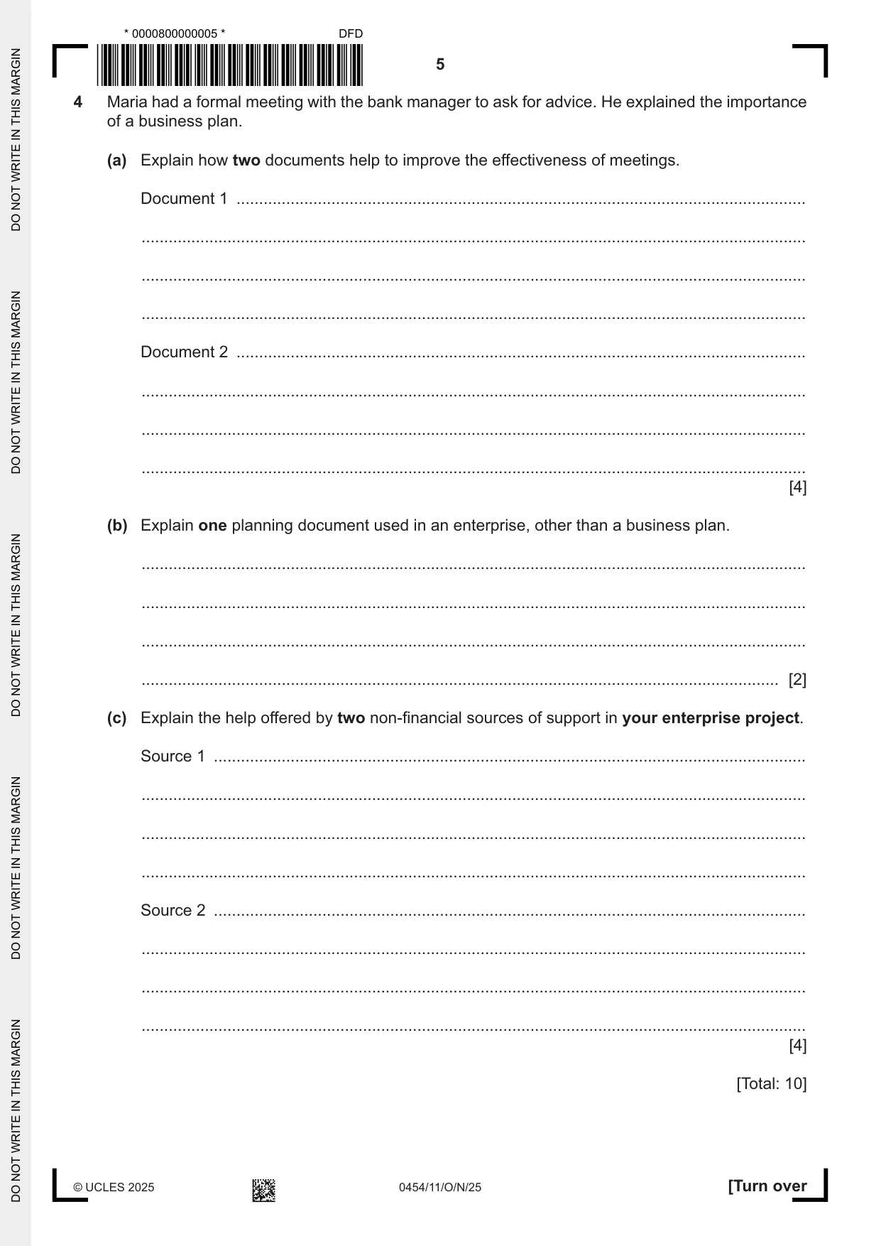 Cambridge IGCSE Enterprise 0454 2025 Oct/Nov Paper 1 · Variant 1 question paper, page 5 of 16