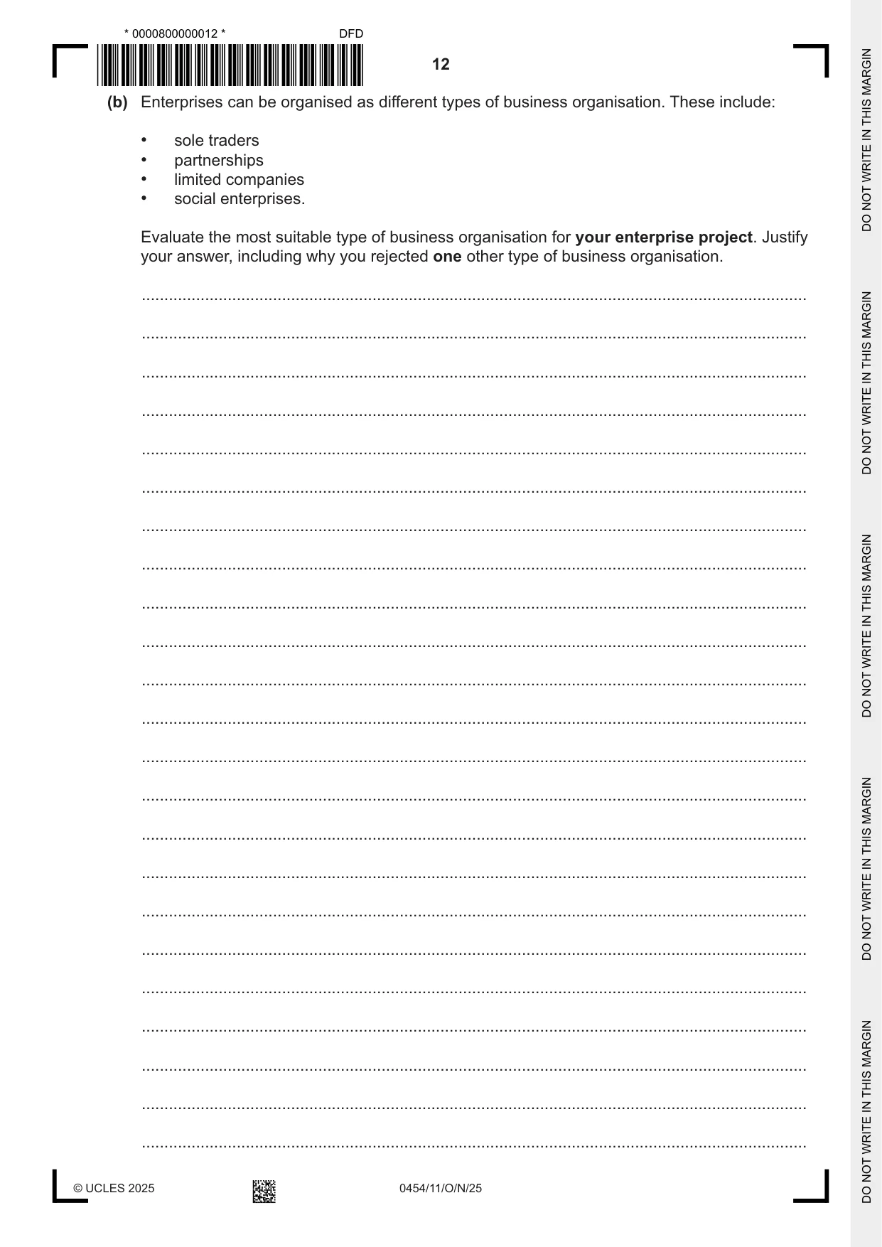 Cambridge IGCSE Enterprise 0454 2025 Oct/Nov Paper 1 · Variant 1 question paper, page 12 of 16