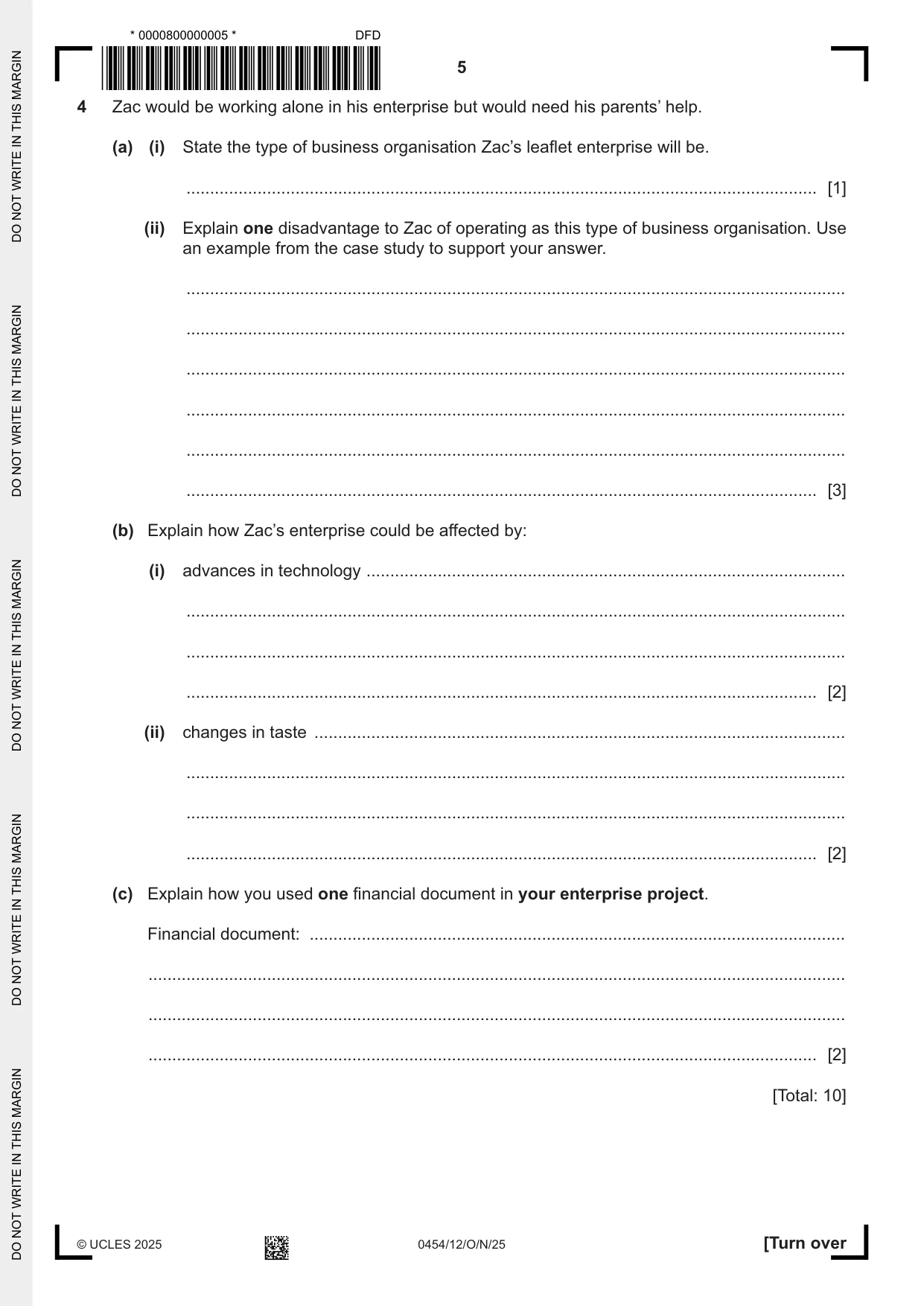 Cambridge IGCSE Enterprise 0454 2025 Oct/Nov Paper 1 · Variant 2 question paper, page 5 of 16