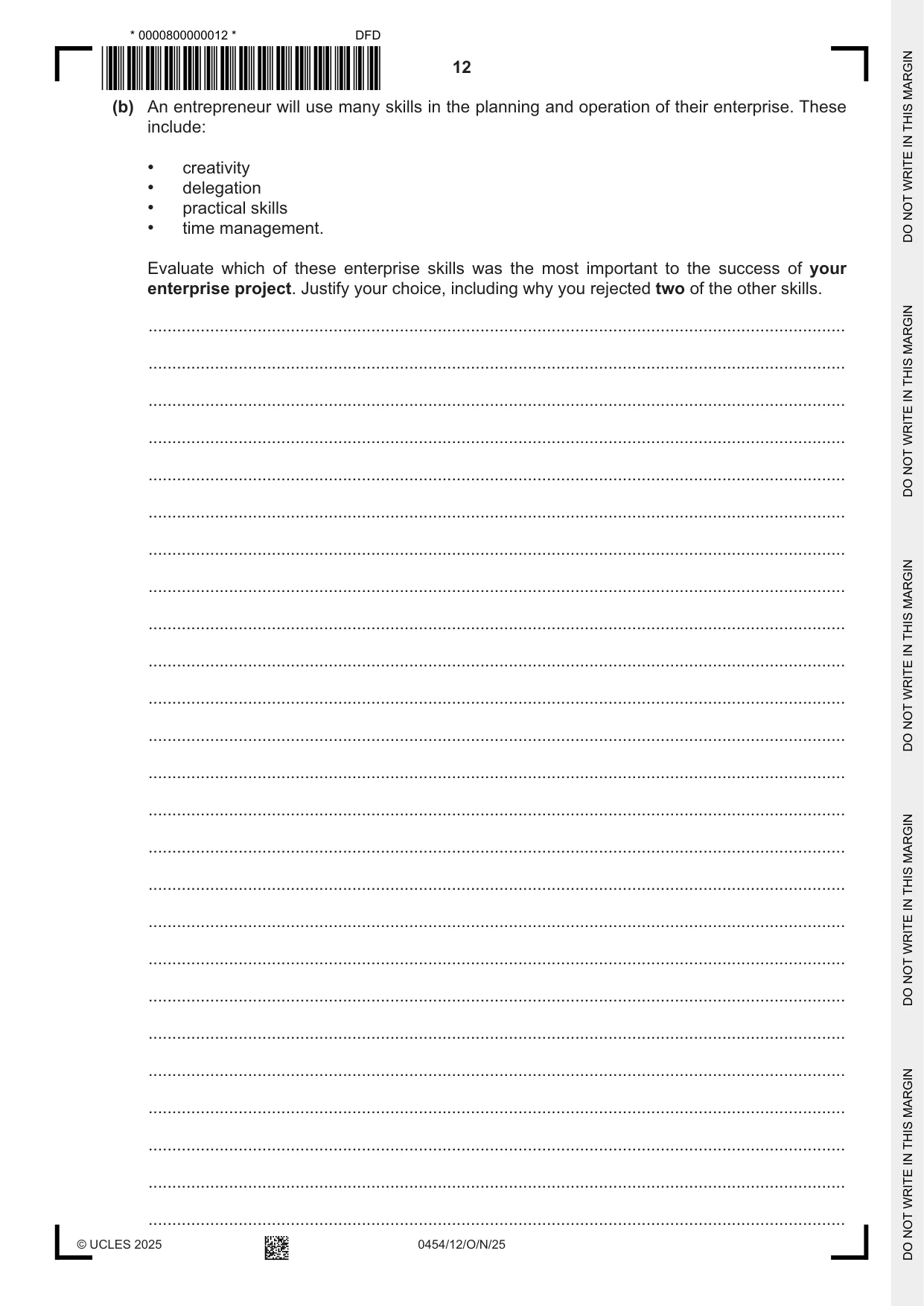 Cambridge IGCSE Enterprise 0454 2025 Oct/Nov Paper 1 · Variant 2 question paper, page 12 of 16