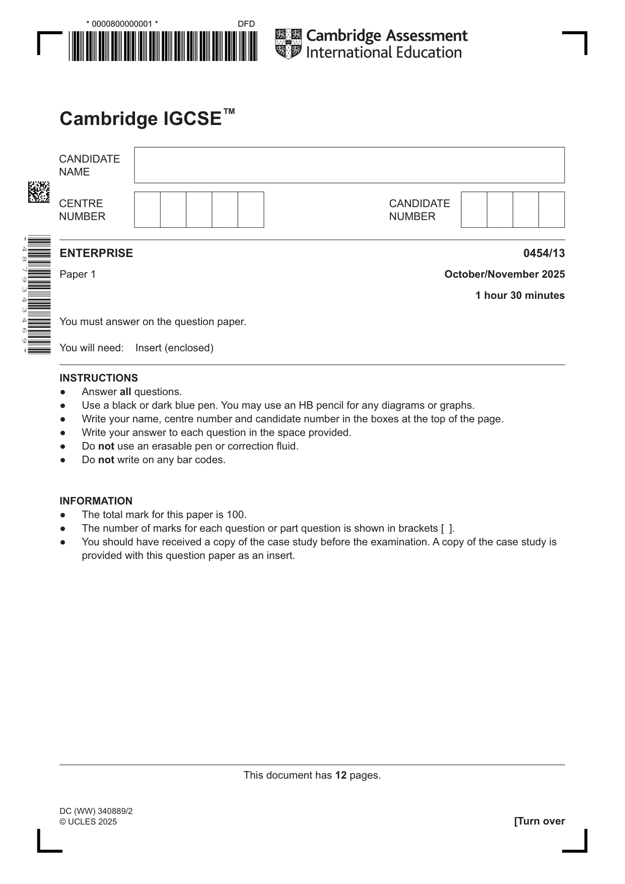 Cambridge IGCSE Enterprise 0454 2025 Oct/Nov Paper 1 · Variant 3 question paper, page 1 of 12