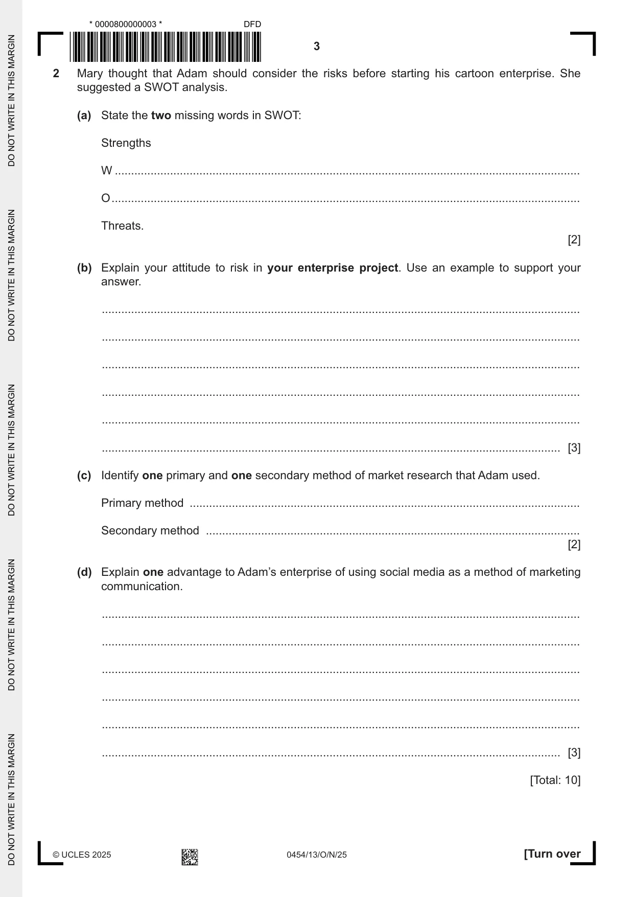 Cambridge IGCSE Enterprise 0454 2025 Oct/Nov Paper 1 · Variant 3 question paper, page 3 of 12