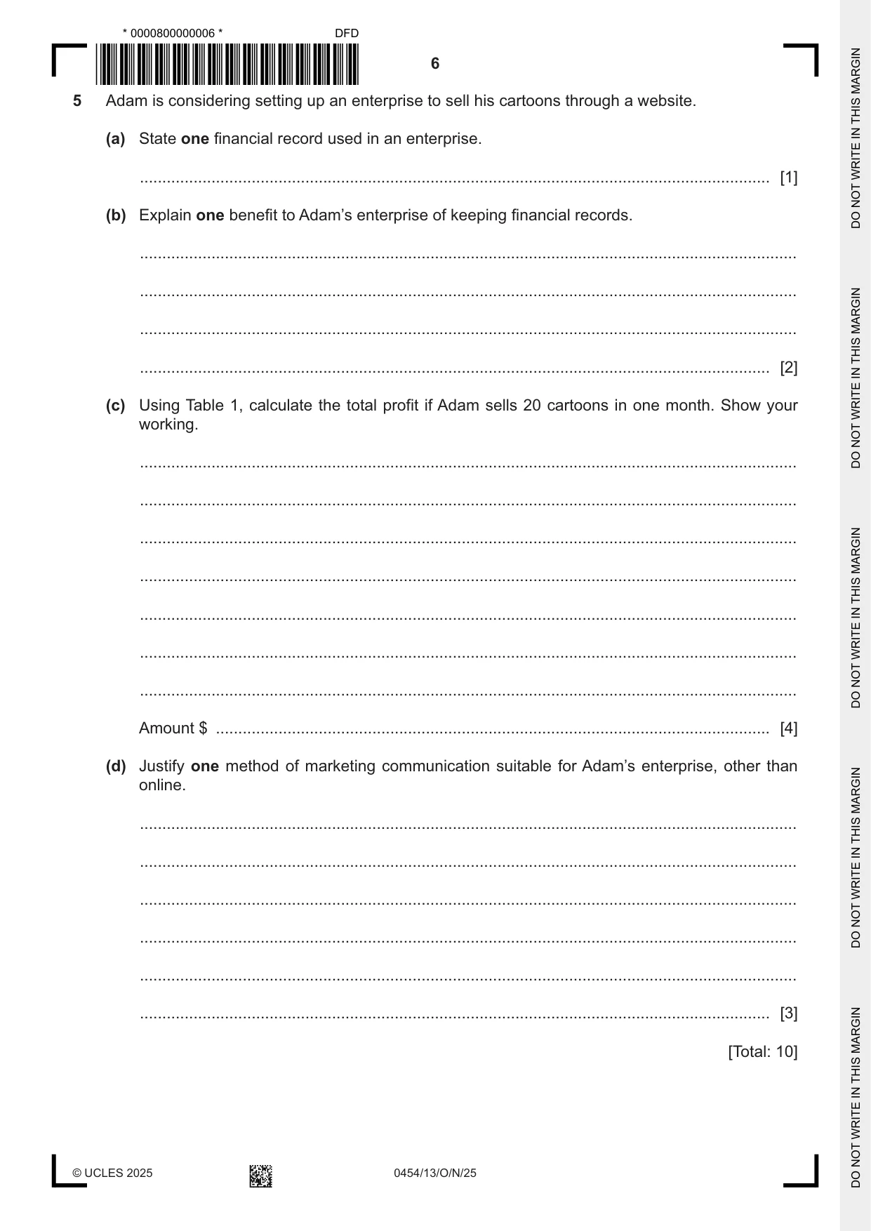 Cambridge IGCSE Enterprise 0454 2025 Oct/Nov Paper 1 · Variant 3 question paper, page 6 of 12