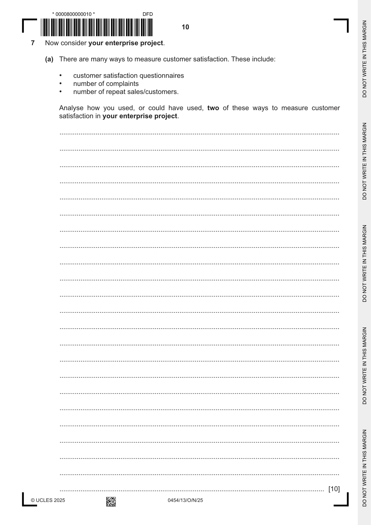 Cambridge IGCSE Enterprise 0454 2025 Oct/Nov Paper 1 · Variant 3 question paper, page 10 of 12
