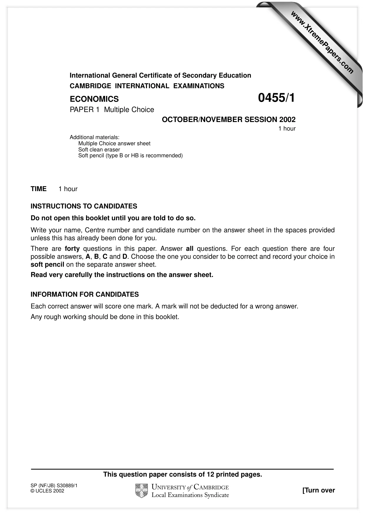 Cambridge IGCSE Economics 0455 2002 Oct/Nov Paper 1 · Variant 1 question paper, page 1 of 12