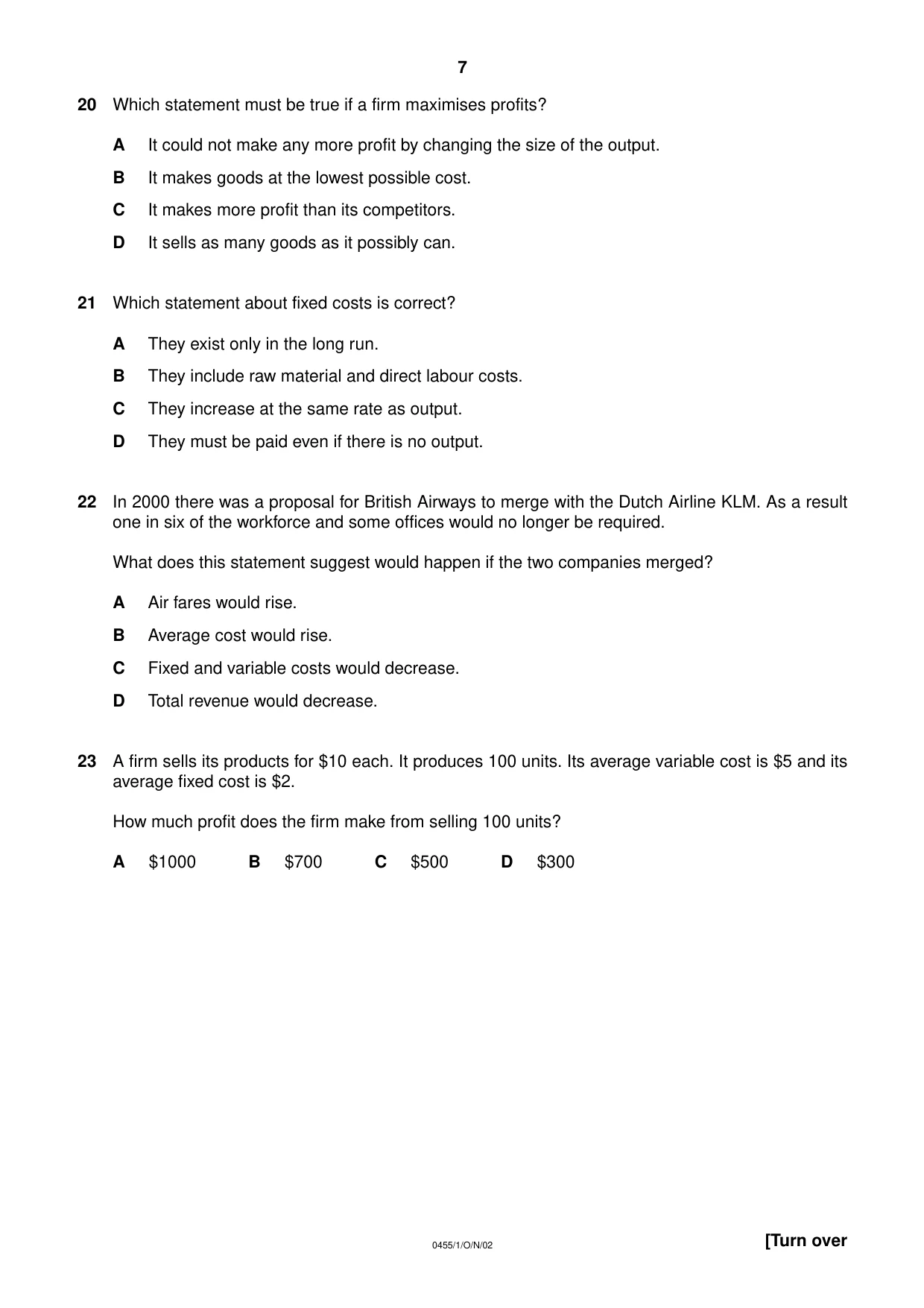 Cambridge IGCSE Economics 0455 2002 Oct/Nov Paper 1 · Variant 1 question paper, page 7 of 12