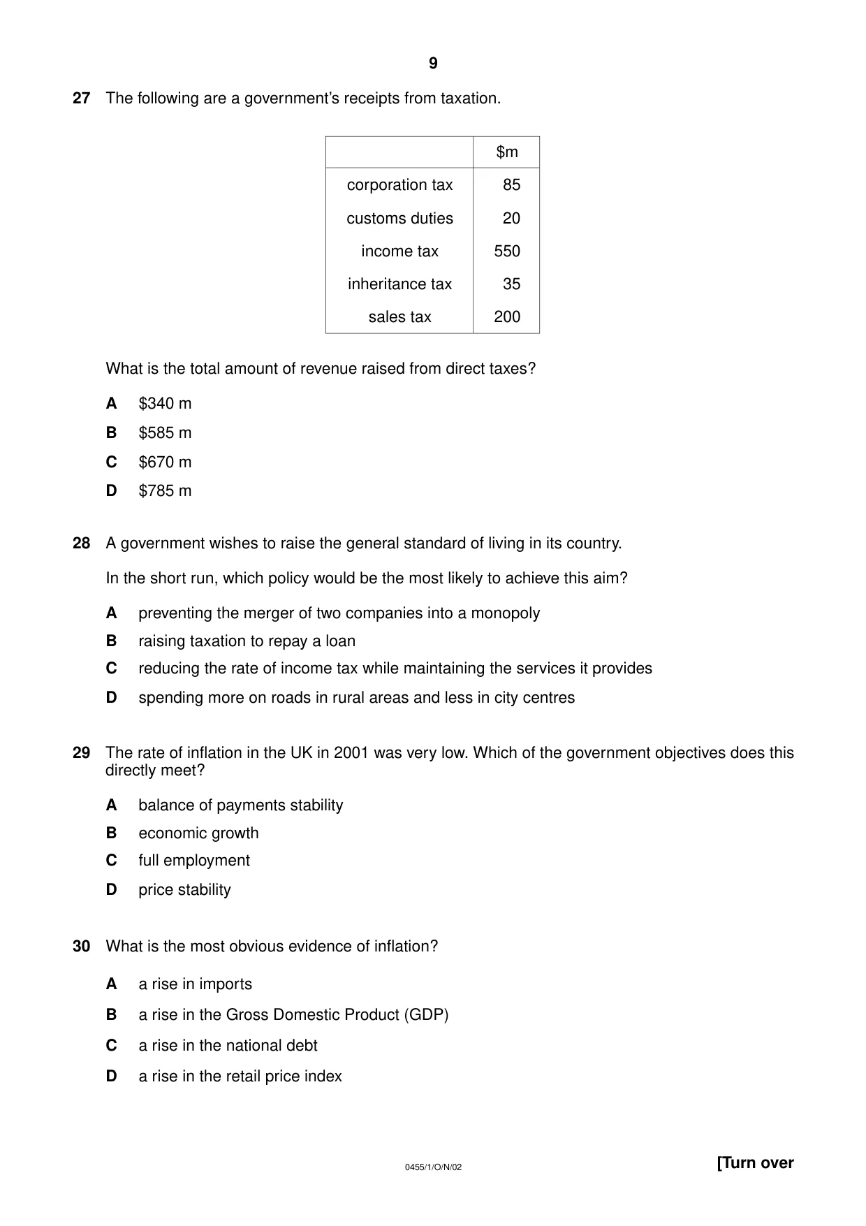 Cambridge IGCSE Economics 0455 2002 Oct/Nov Paper 1 · Variant 1 question paper, page 9 of 12