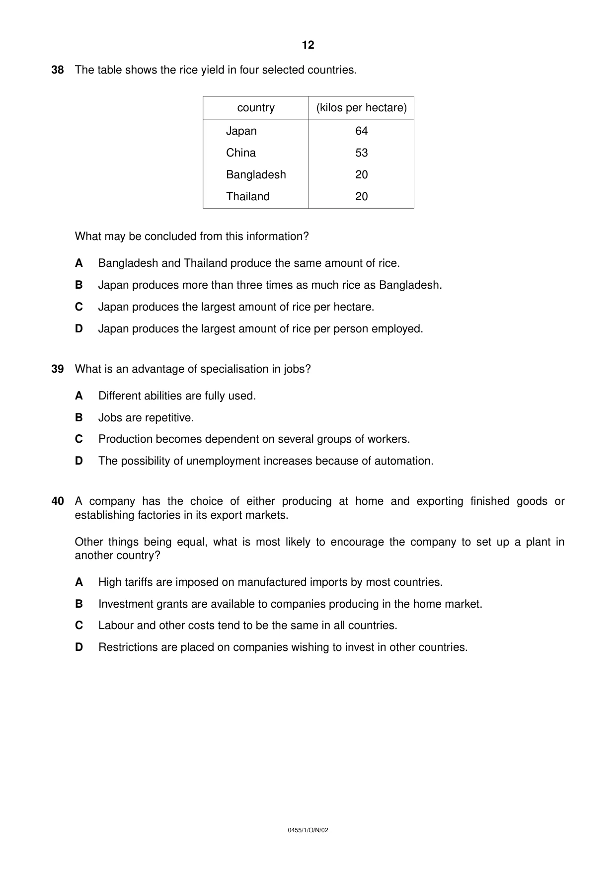 Cambridge IGCSE Economics 0455 2002 Oct/Nov Paper 1 · Variant 1 question paper, page 12 of 12