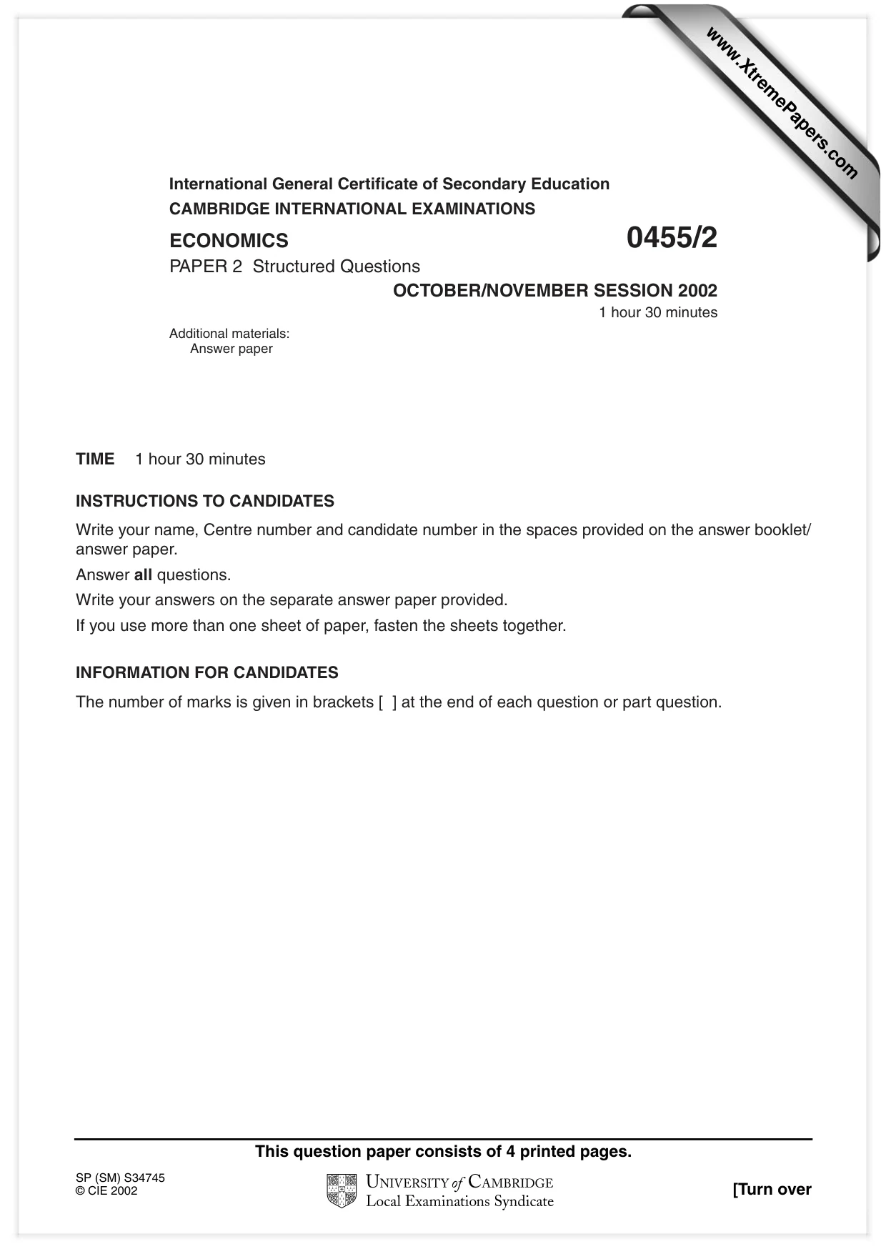 Cambridge IGCSE Economics 0455 2002 Oct/Nov Paper 2 · Variant 1 question paper, page 1 of 4