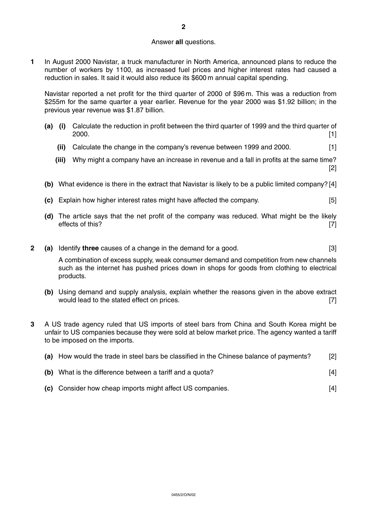 Cambridge IGCSE Economics 0455 2002 Oct/Nov Paper 2 · Variant 1 question paper, page 2 of 4