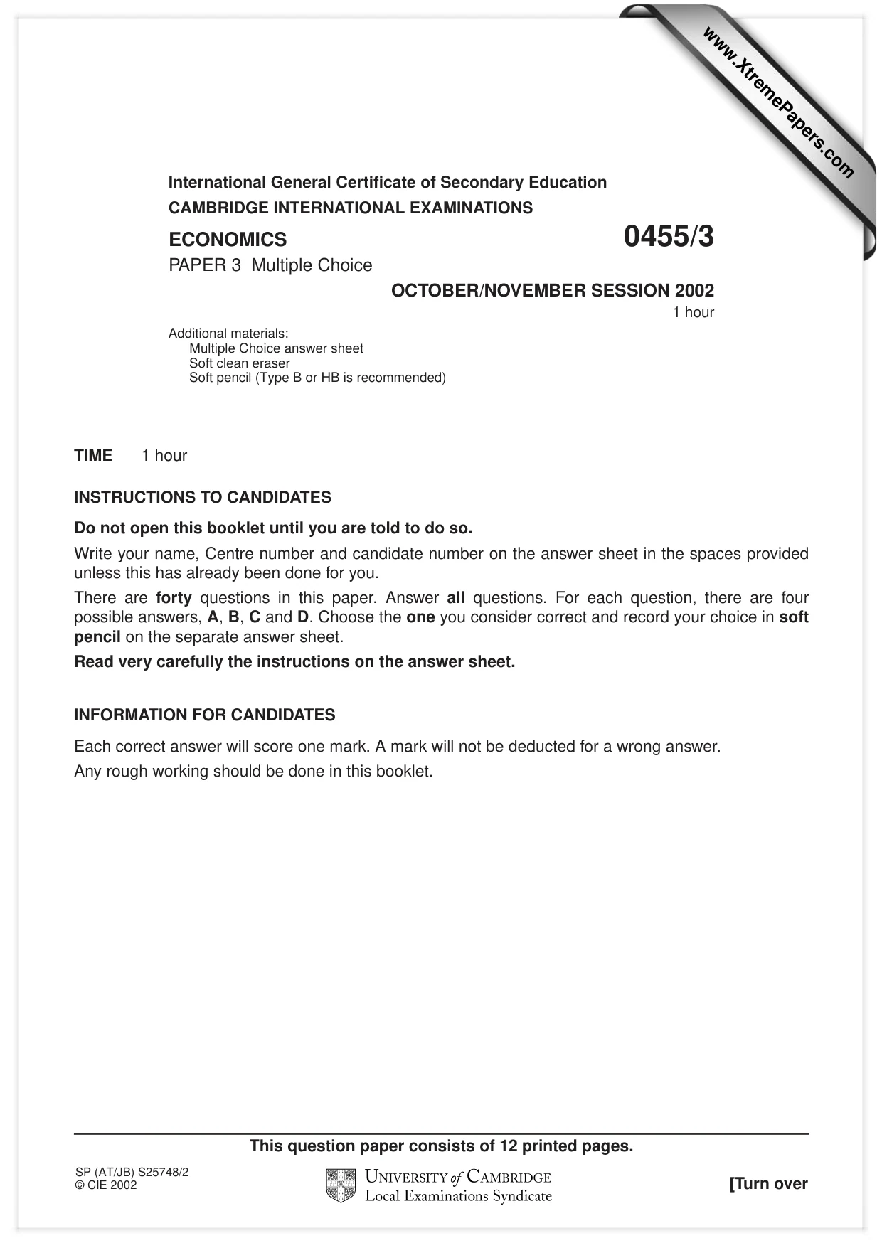 Cambridge IGCSE Economics 0455 2002 Oct/Nov Paper 3 · Variant 1 question paper, page 1 of 12