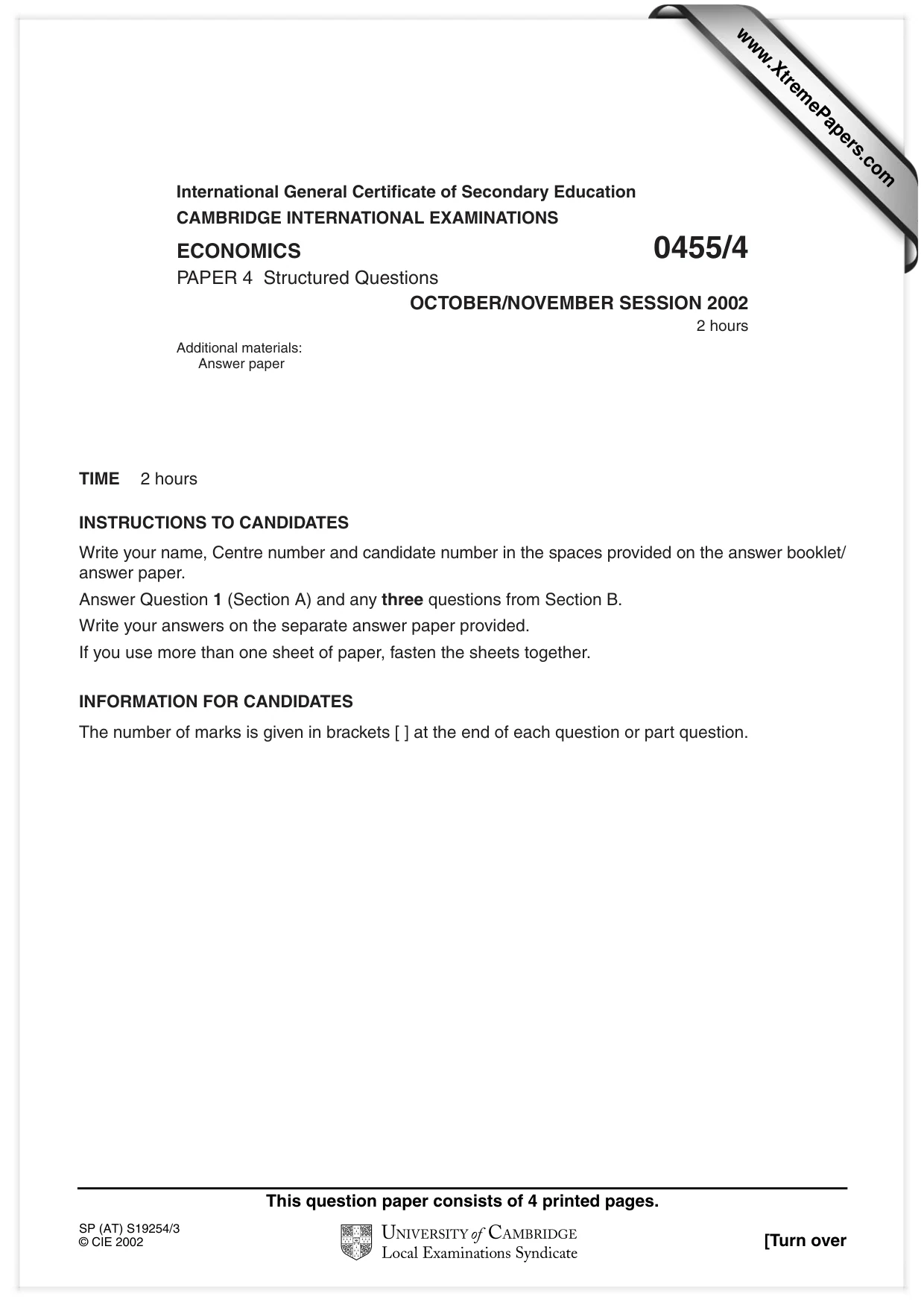 Cambridge IGCSE Economics 0455 2002 Oct/Nov Paper 4 · Variant 1 question paper, page 1 of 4