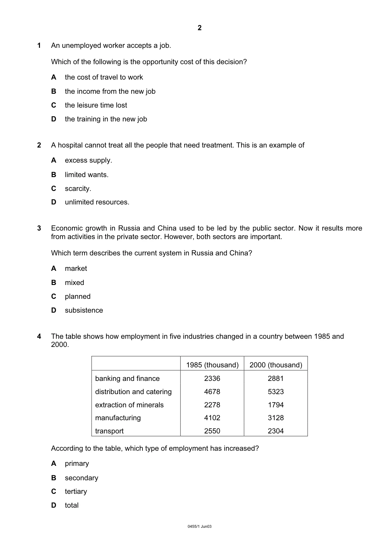 Cambridge IGCSE Economics 0455 2003 May/June Paper 1 · Variant 1 question paper, page 2 of 12