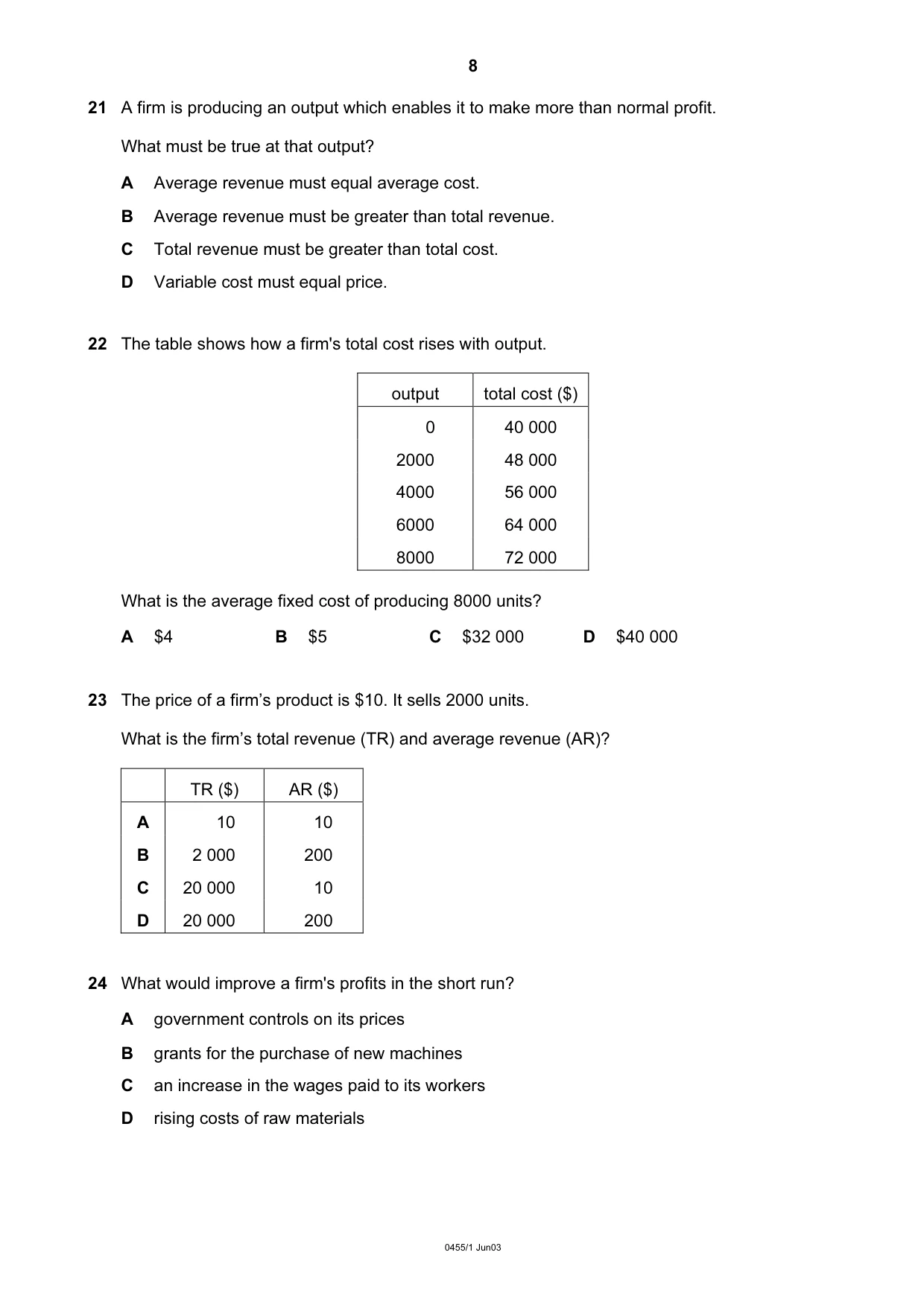 Cambridge IGCSE Economics 0455 2003 May/June Paper 1 · Variant 1 question paper, page 8 of 12