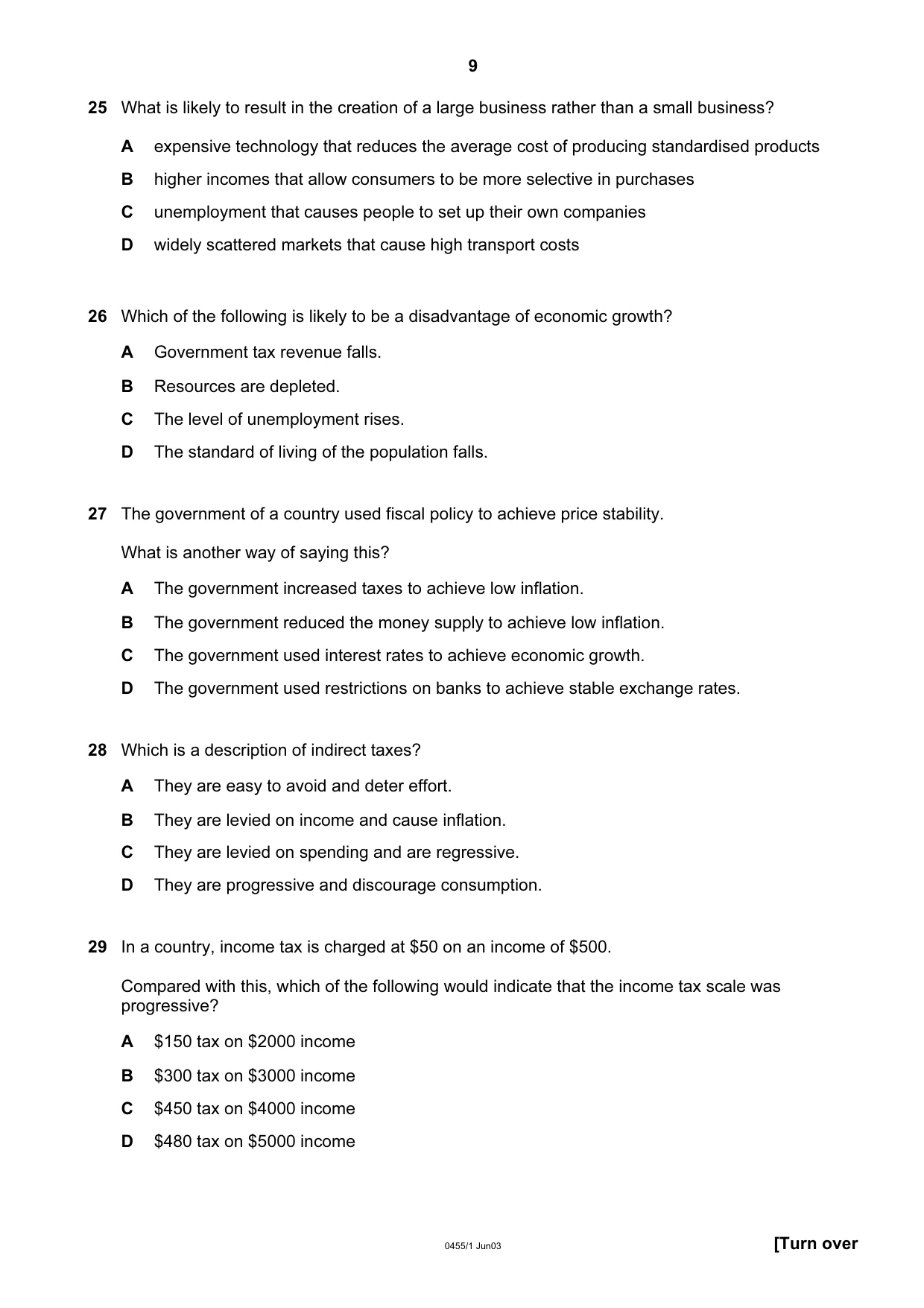 Cambridge IGCSE Economics 0455 2003 May/June Paper 1 · Variant 1 question paper, page 9 of 12