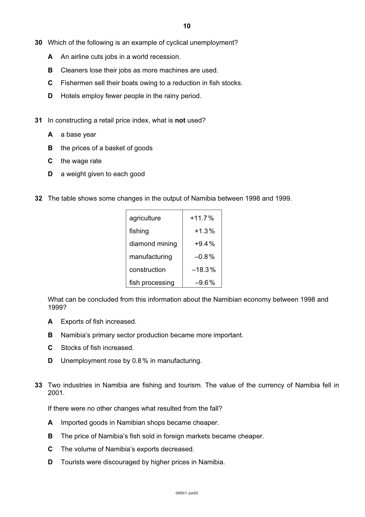 Cambridge IGCSE Economics 0455 2003 May/June Paper 1 · Variant 1 question paper, page 10 of 12