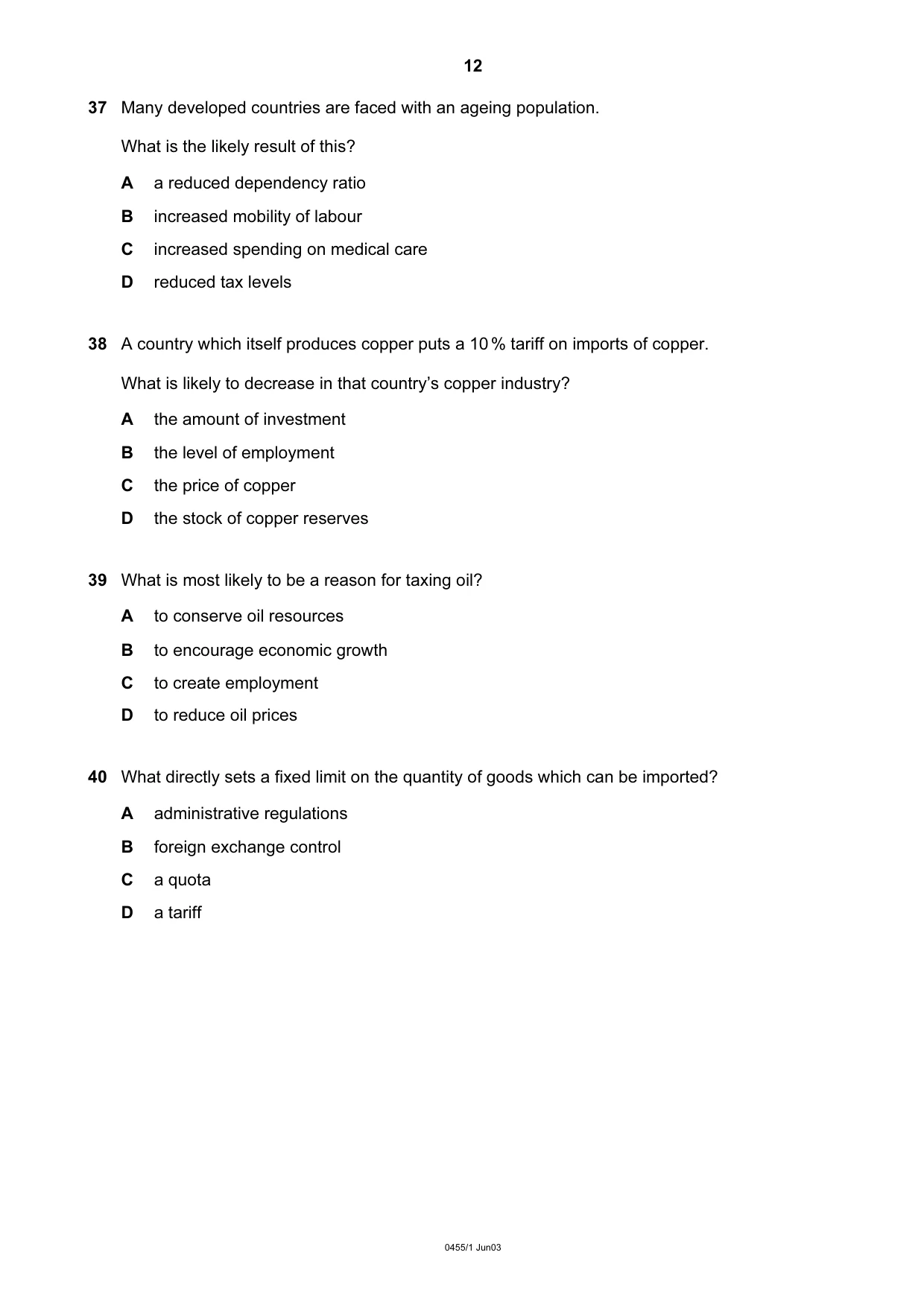 Cambridge IGCSE Economics 0455 2003 May/June Paper 1 · Variant 1 question paper, page 12 of 12