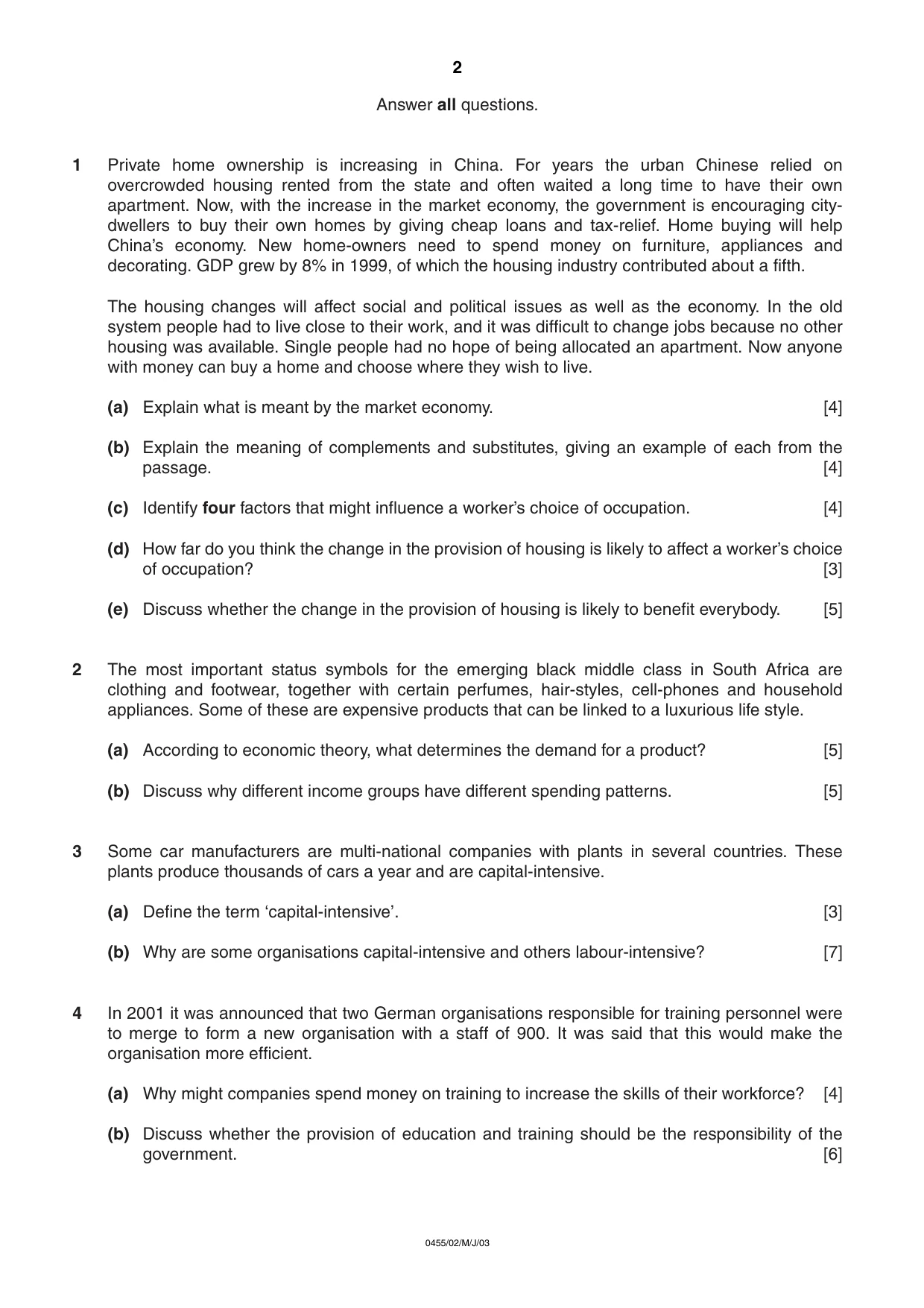 Cambridge IGCSE Economics 0455 2003 May/June Paper 2 · Variant 1 question paper, page 2 of 4