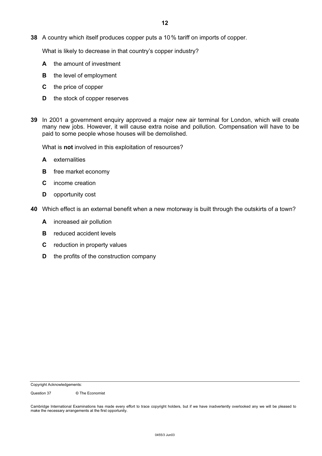 Cambridge IGCSE Economics 0455 2003 May/June Paper 3 · Variant 1 question paper, page 12 of 12