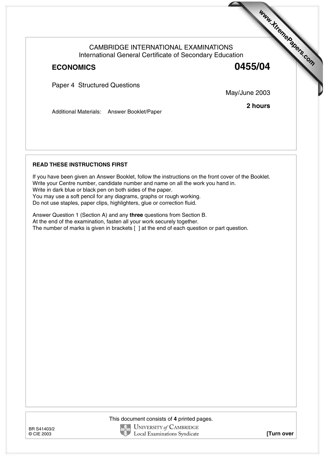 Cambridge IGCSE Economics 0455 2003 May/June Paper 4 · Variant 1 question paper, page 1 of 4