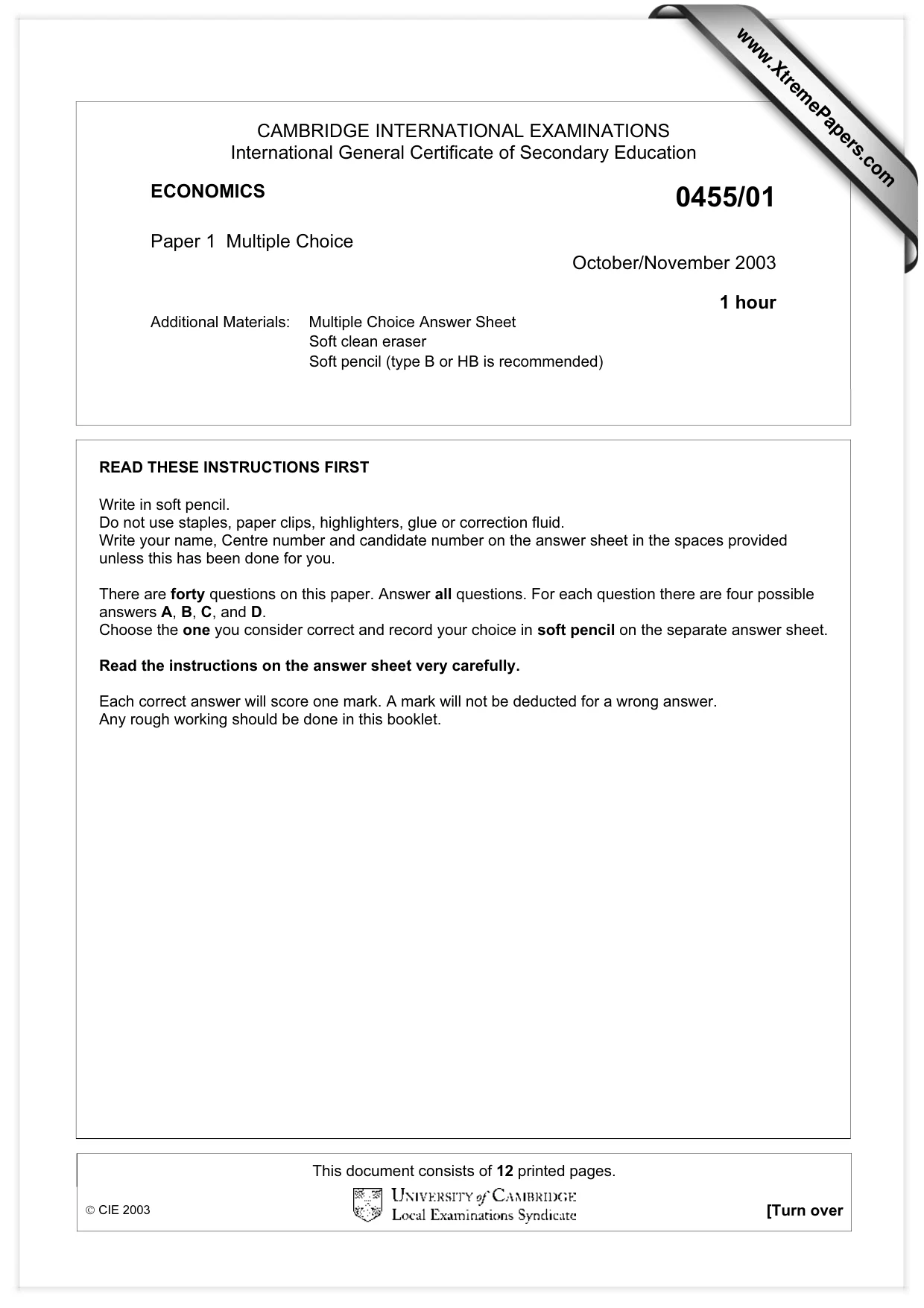 Cambridge IGCSE Economics 0455 2003 Oct/Nov Paper 1 · Variant 1 question paper, page 1 of 12