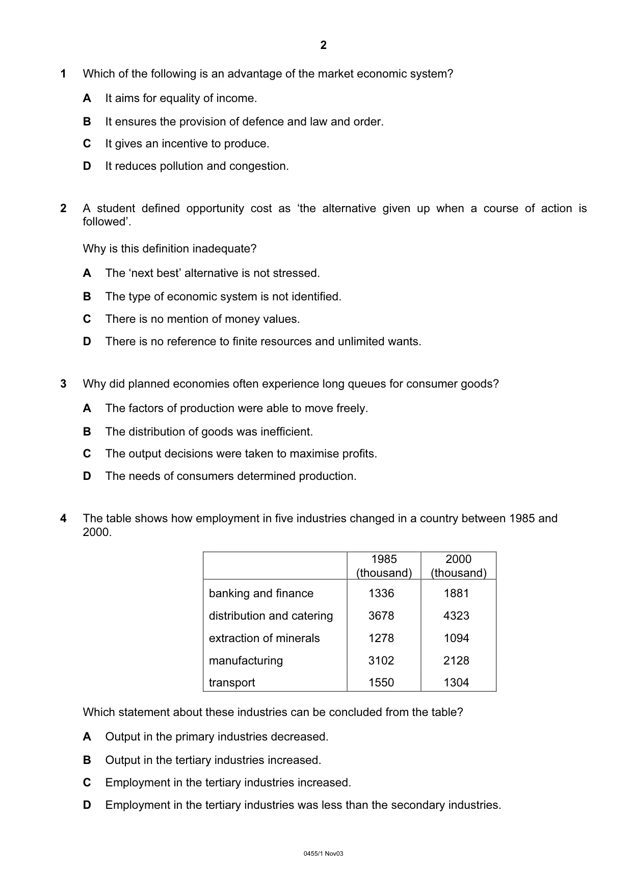 Cambridge IGCSE Economics 0455 2003 Oct/Nov Paper 1 · Variant 1 question paper, page 2 of 12