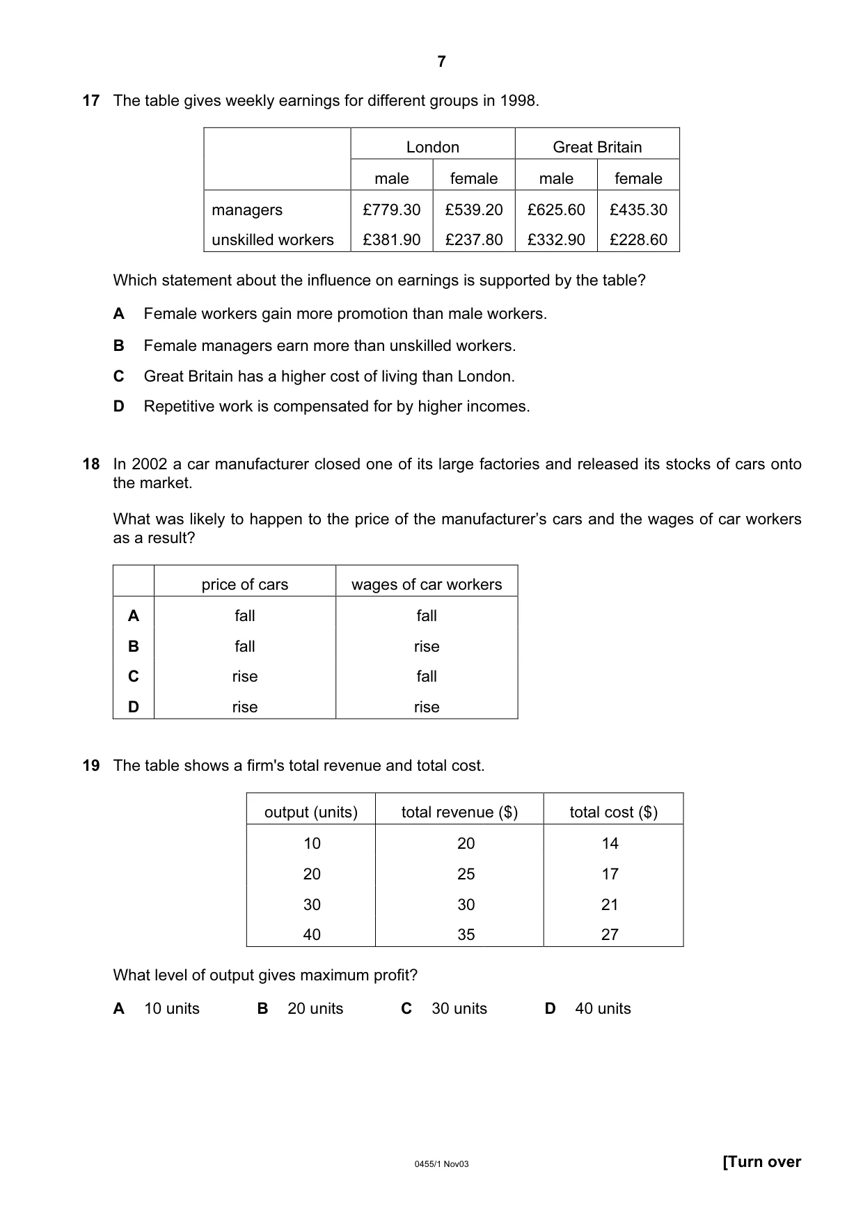 Cambridge IGCSE Economics 0455 2003 Oct/Nov Paper 1 · Variant 1 question paper, page 7 of 12