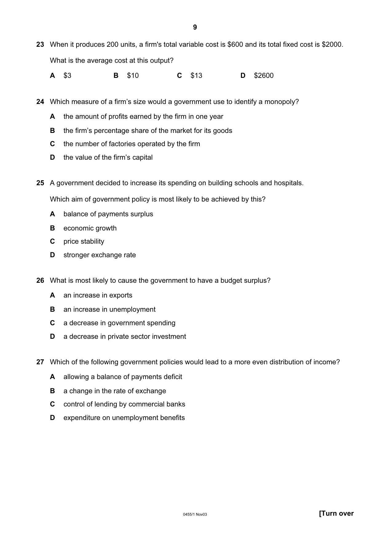 Cambridge IGCSE Economics 0455 2003 Oct/Nov Paper 1 · Variant 1 question paper, page 9 of 12
