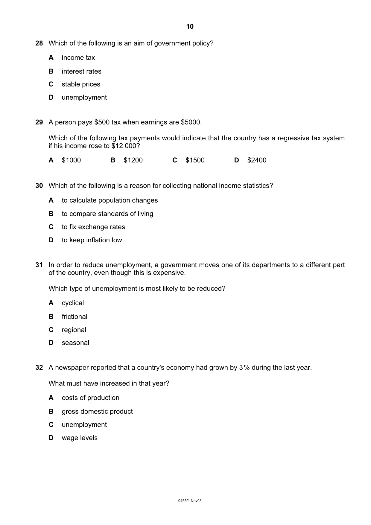 Cambridge IGCSE Economics 0455 2003 Oct/Nov Paper 1 · Variant 1 question paper, page 10 of 12