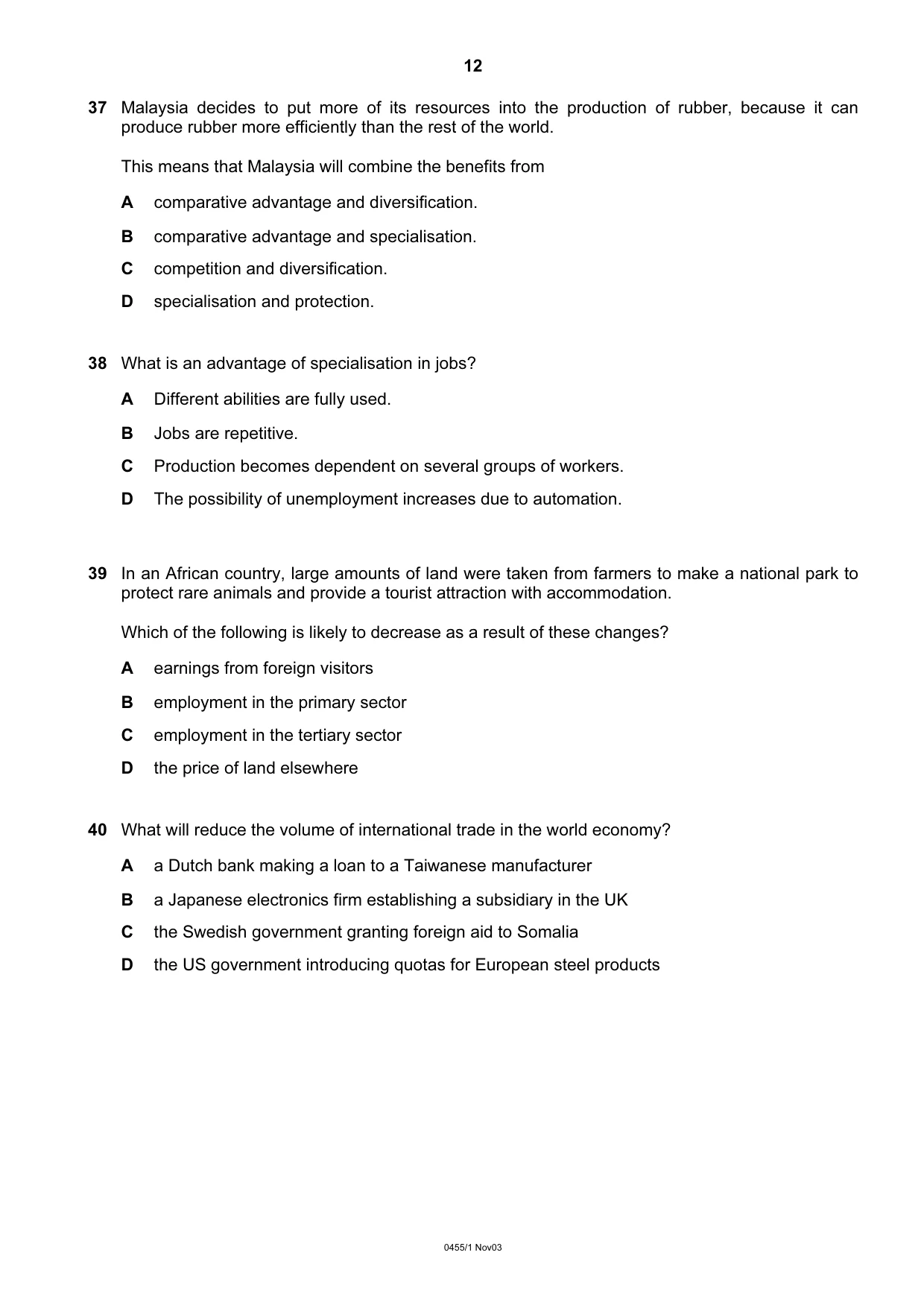 Cambridge IGCSE Economics 0455 2003 Oct/Nov Paper 1 · Variant 1 question paper, page 12 of 12