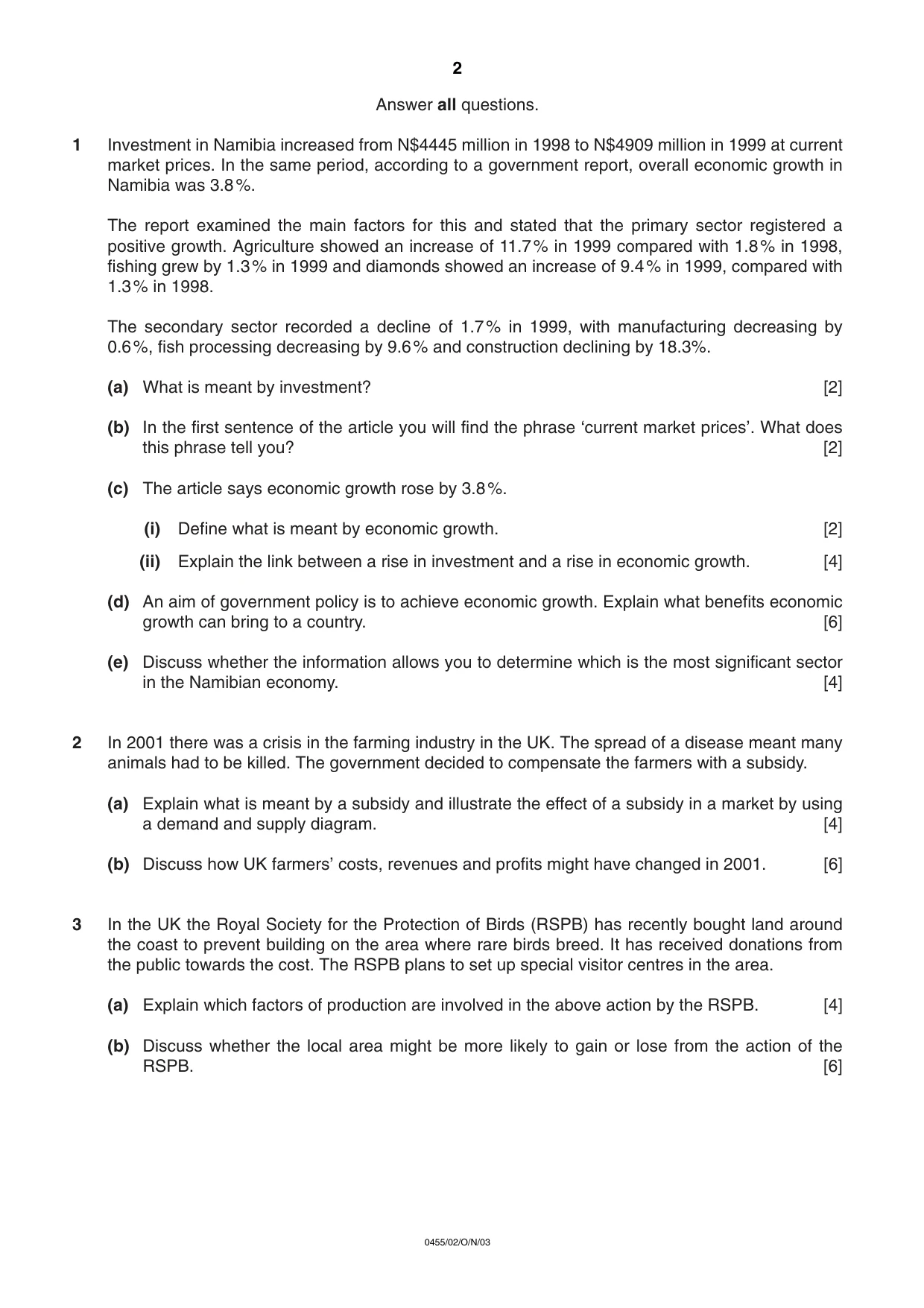 Cambridge IGCSE Economics 0455 2003 Oct/Nov Paper 2 · Variant 1 question paper, page 2 of 4