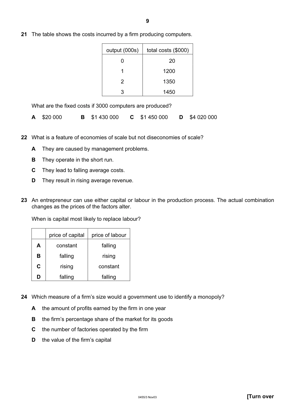 Cambridge IGCSE Economics 0455 2003 Oct/Nov Paper 3 · Variant 1 question paper, page 9 of 16