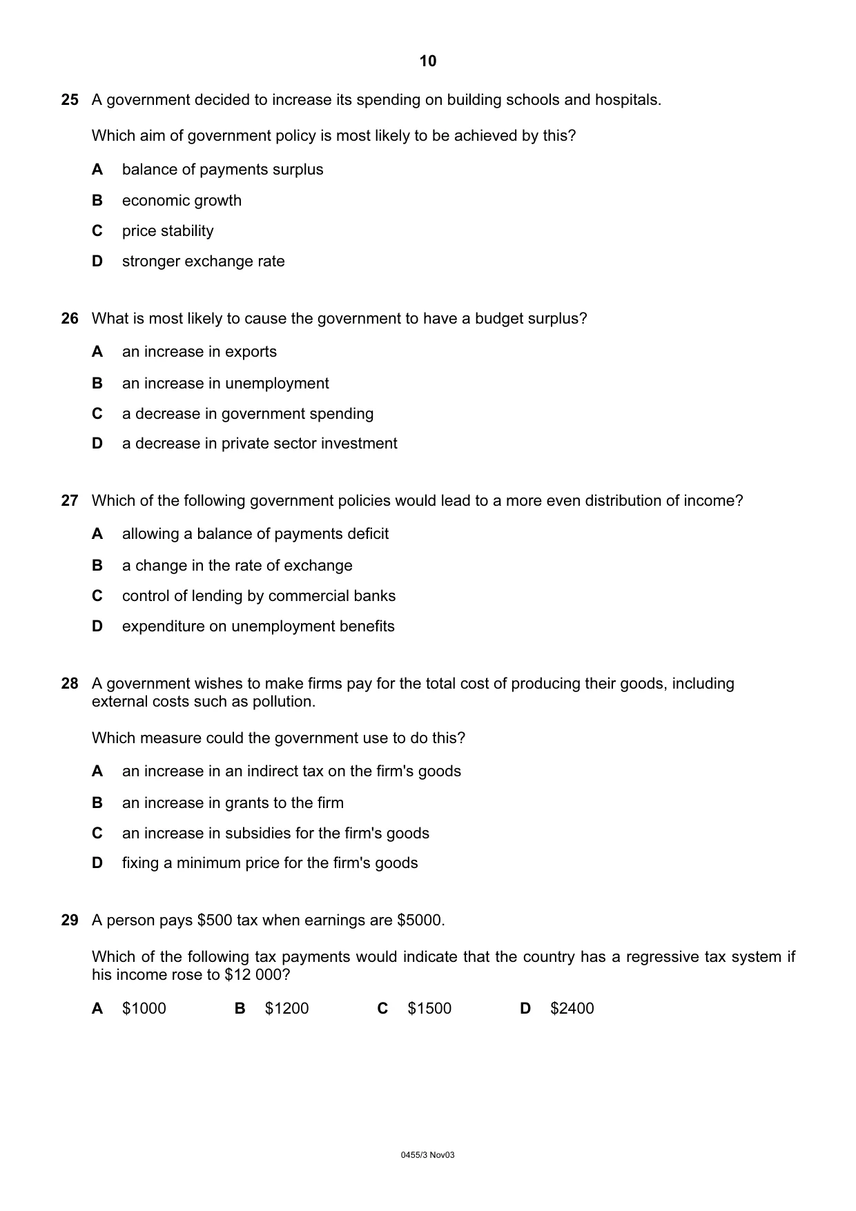 Cambridge IGCSE Economics 0455 2003 Oct/Nov Paper 3 · Variant 1 question paper, page 10 of 16