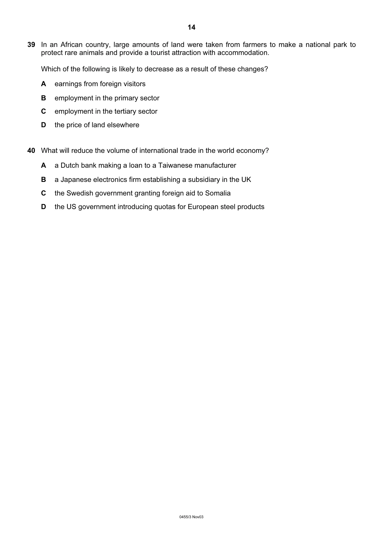 Cambridge IGCSE Economics 0455 2003 Oct/Nov Paper 3 · Variant 1 question paper, page 14 of 16