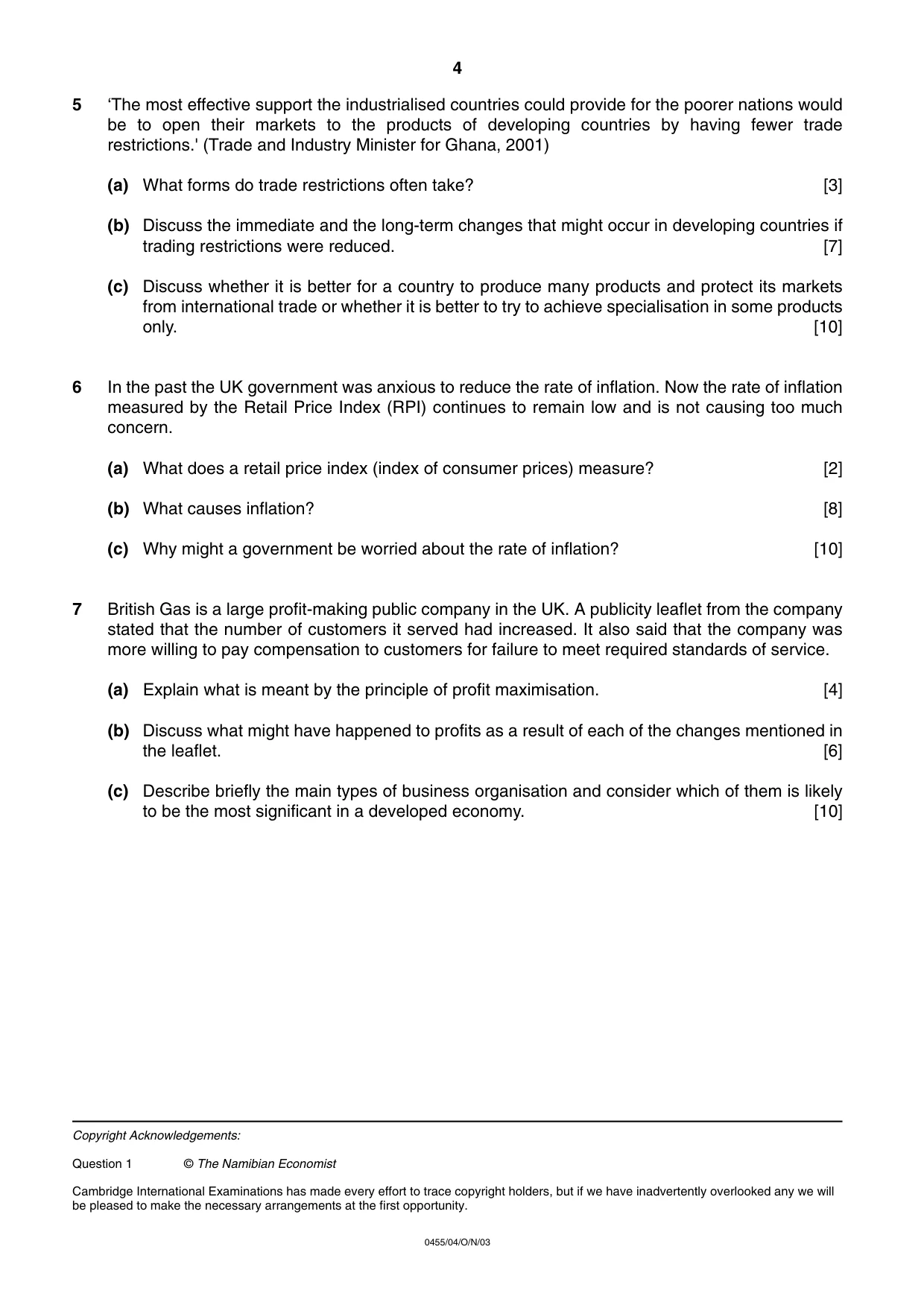 Cambridge IGCSE Economics 0455 2003 Oct/Nov Paper 4 · Variant 1 question paper, page 4 of 4