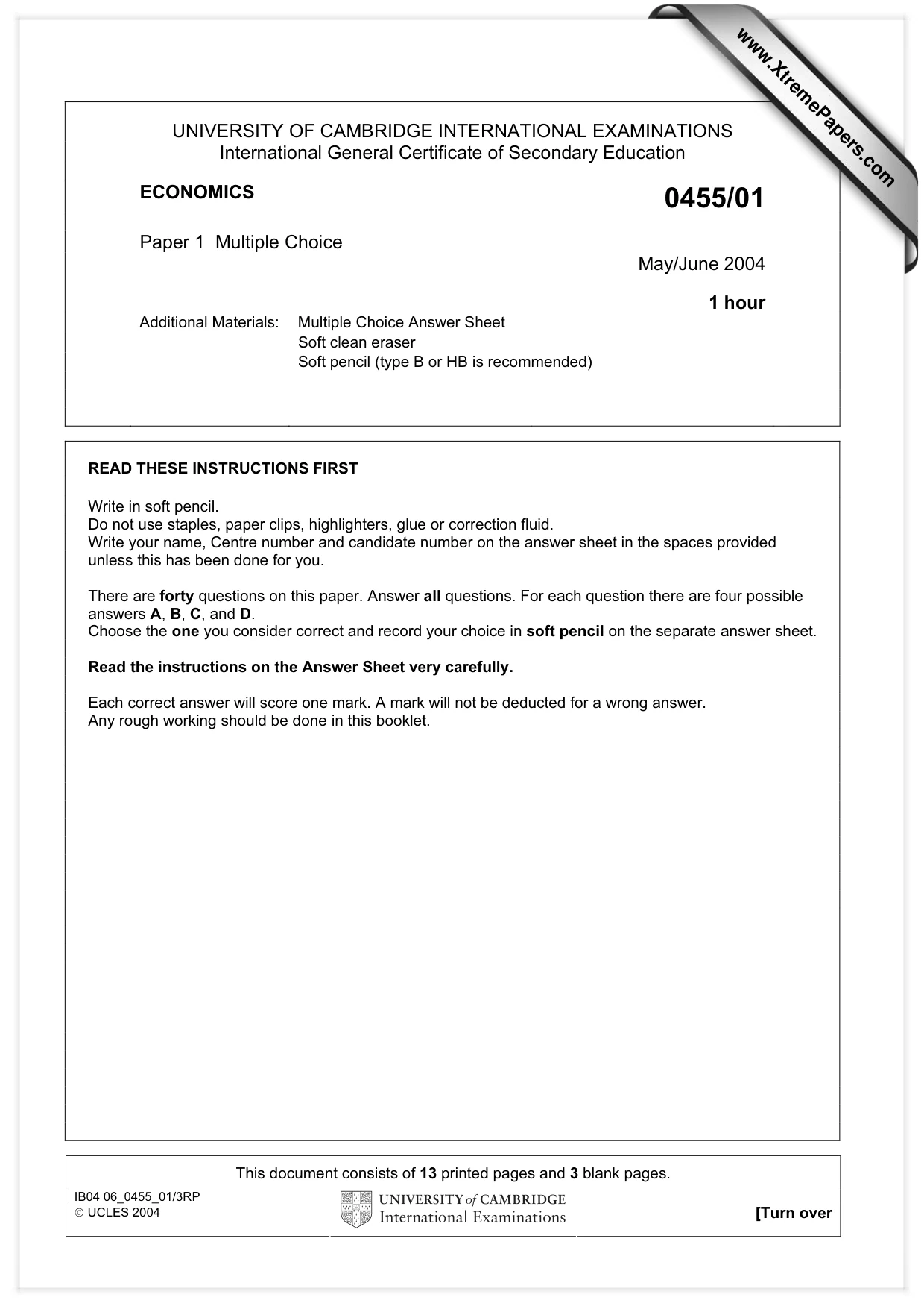 Cambridge IGCSE Economics 0455 2004 May/June Paper 1 · Variant 1 question paper, page 1 of 16