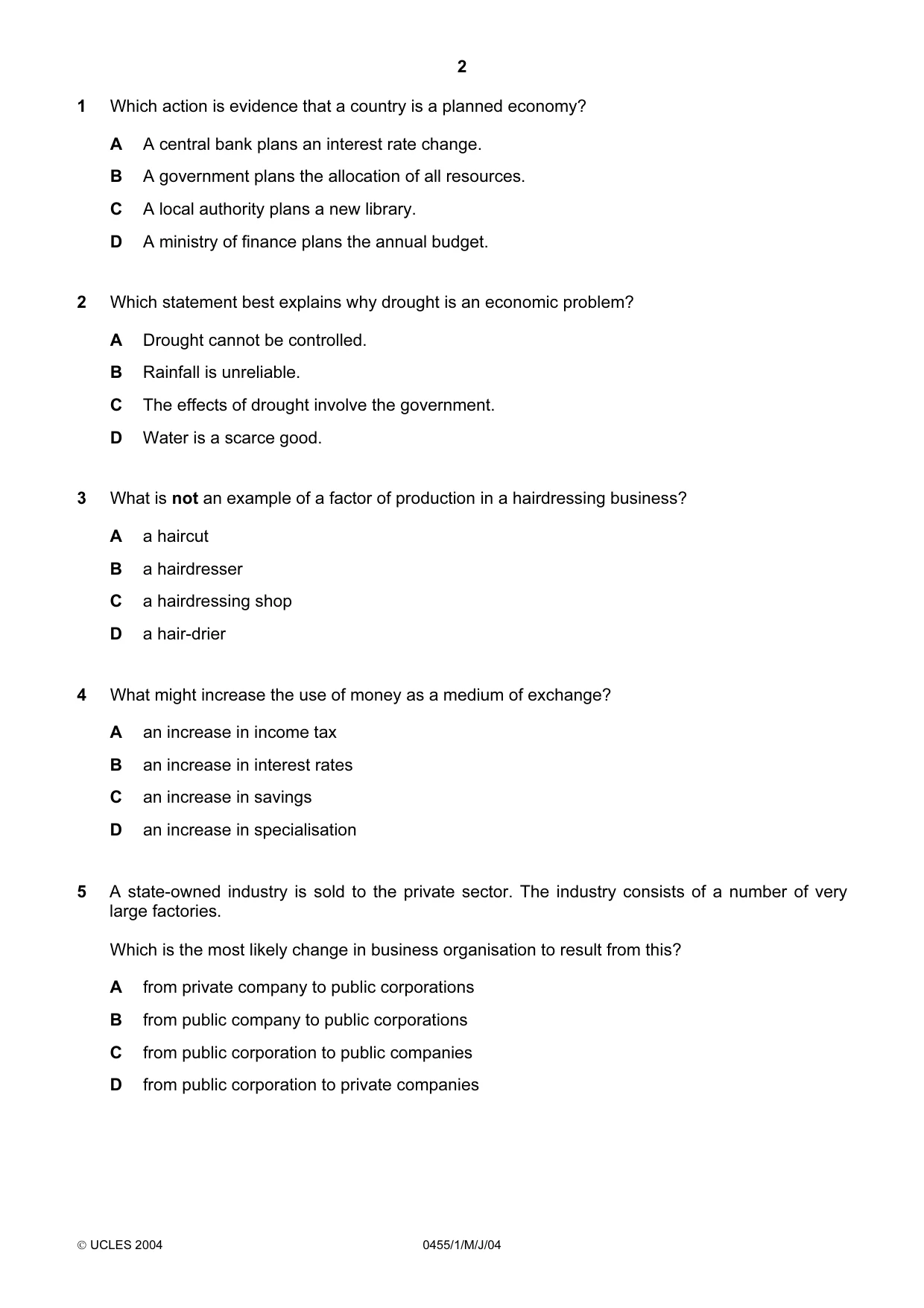 Cambridge IGCSE Economics 0455 2004 May/June Paper 1 · Variant 1 question paper, page 2 of 16