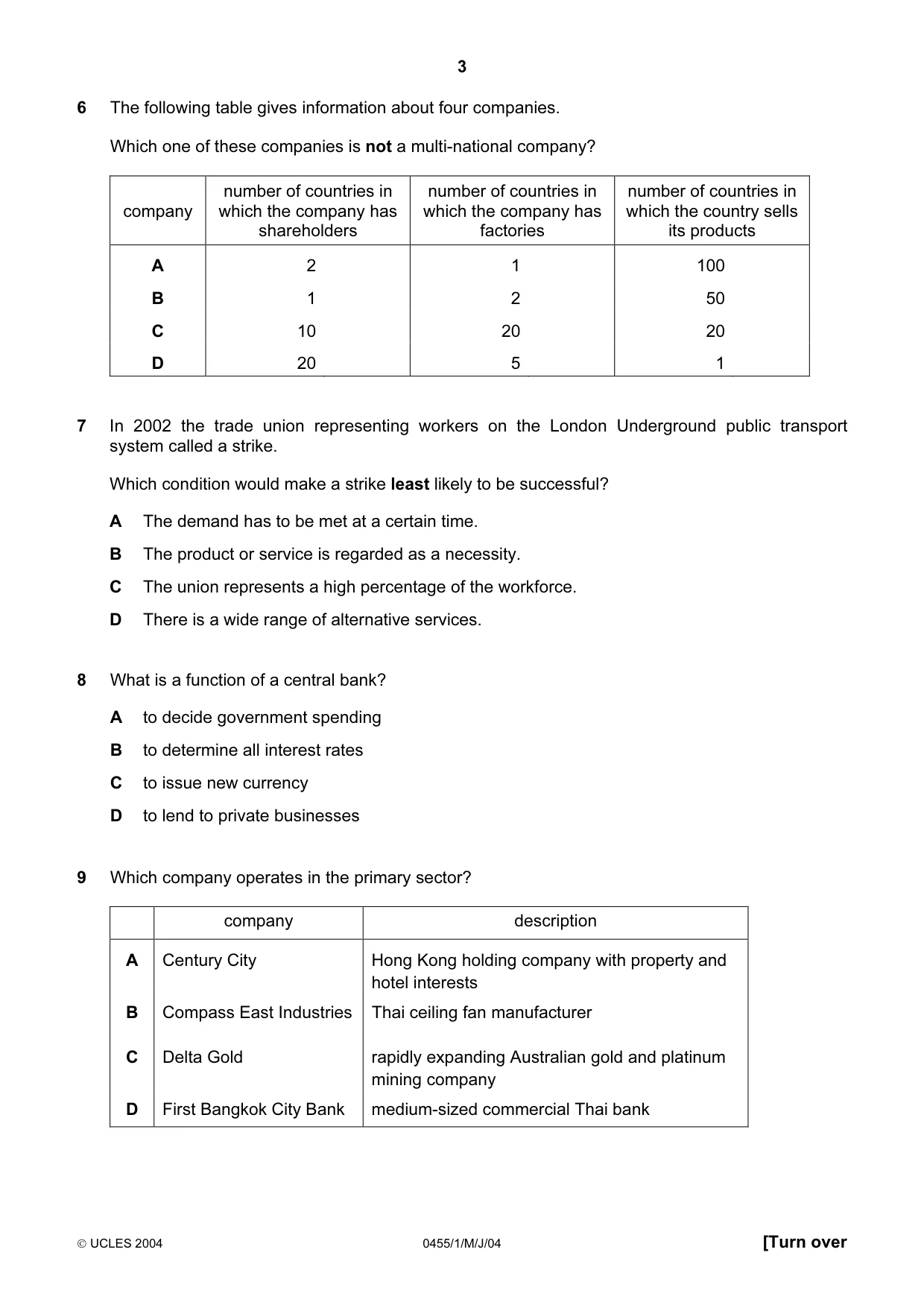 Cambridge IGCSE Economics 0455 2004 May/June Paper 1 · Variant 1 question paper, page 3 of 16