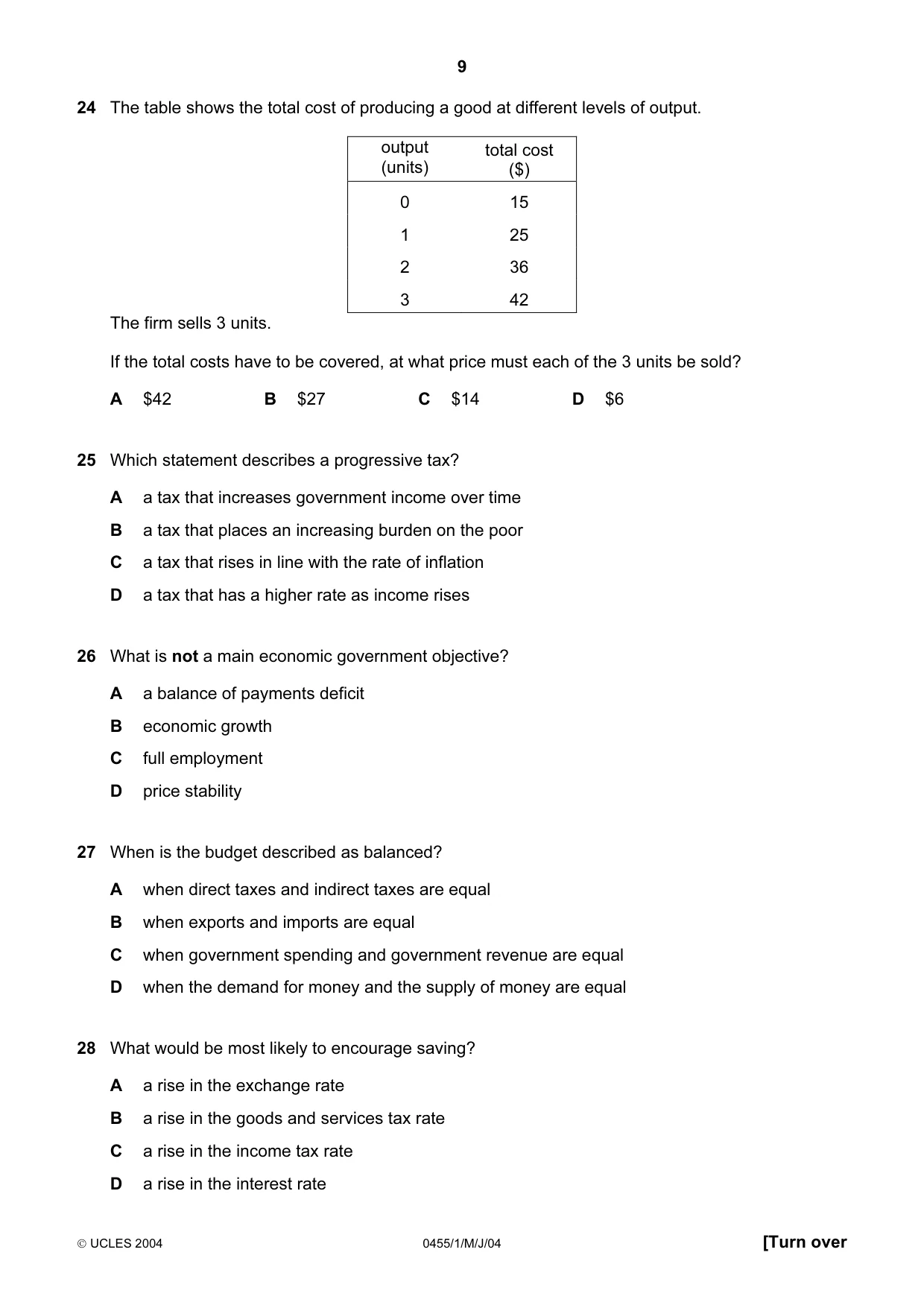 Cambridge IGCSE Economics 0455 2004 May/June Paper 1 · Variant 1 question paper, page 9 of 16