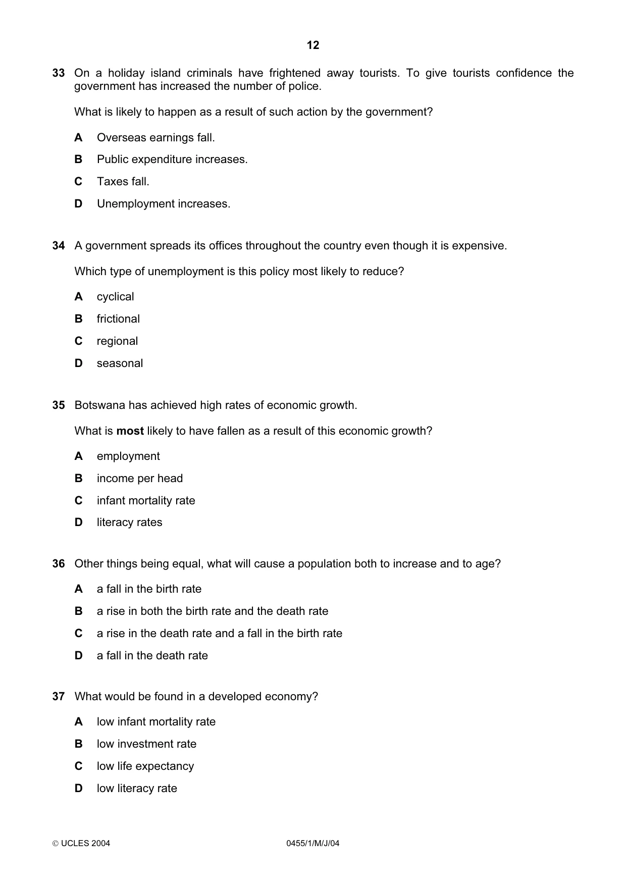 Cambridge IGCSE Economics 0455 2004 May/June Paper 1 · Variant 1 question paper, page 12 of 16