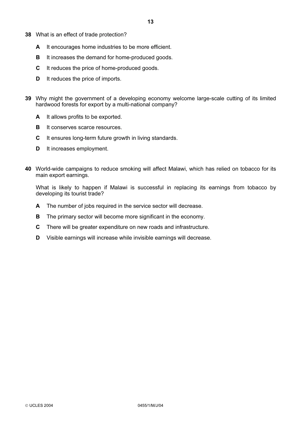 Cambridge IGCSE Economics 0455 2004 May/June Paper 1 · Variant 1 question paper, page 13 of 16