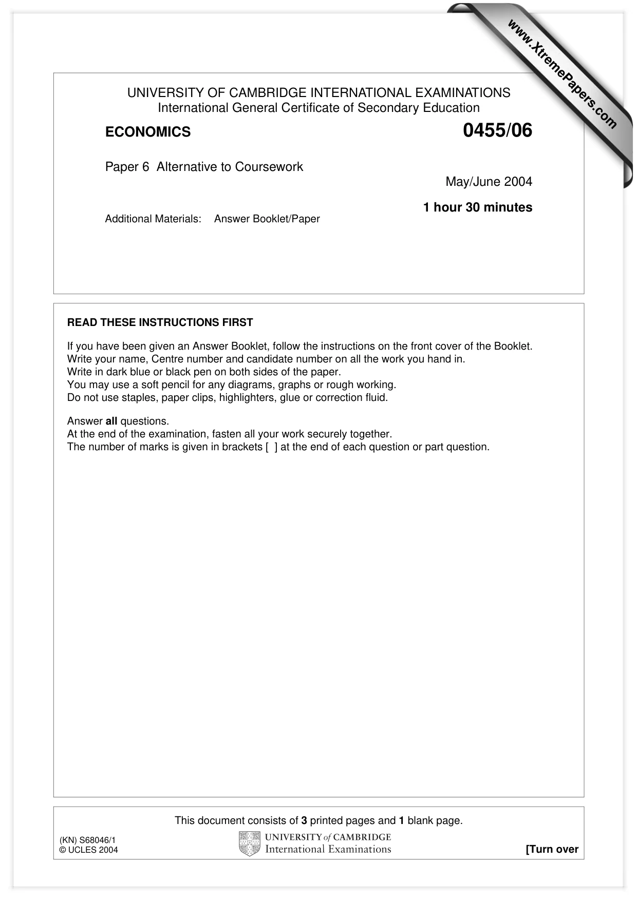 Cambridge IGCSE Economics 0455 2004 May/June Paper 6 · Variant 1 question paper, page 1 of 4