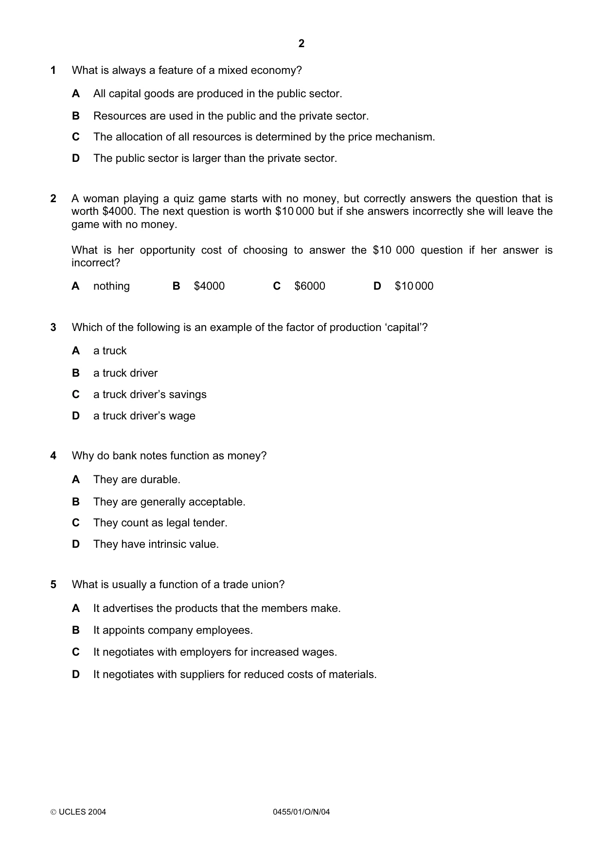 Cambridge IGCSE Economics 0455 2004 Oct/Nov Paper 1 · Variant 1 question paper, page 2 of 16