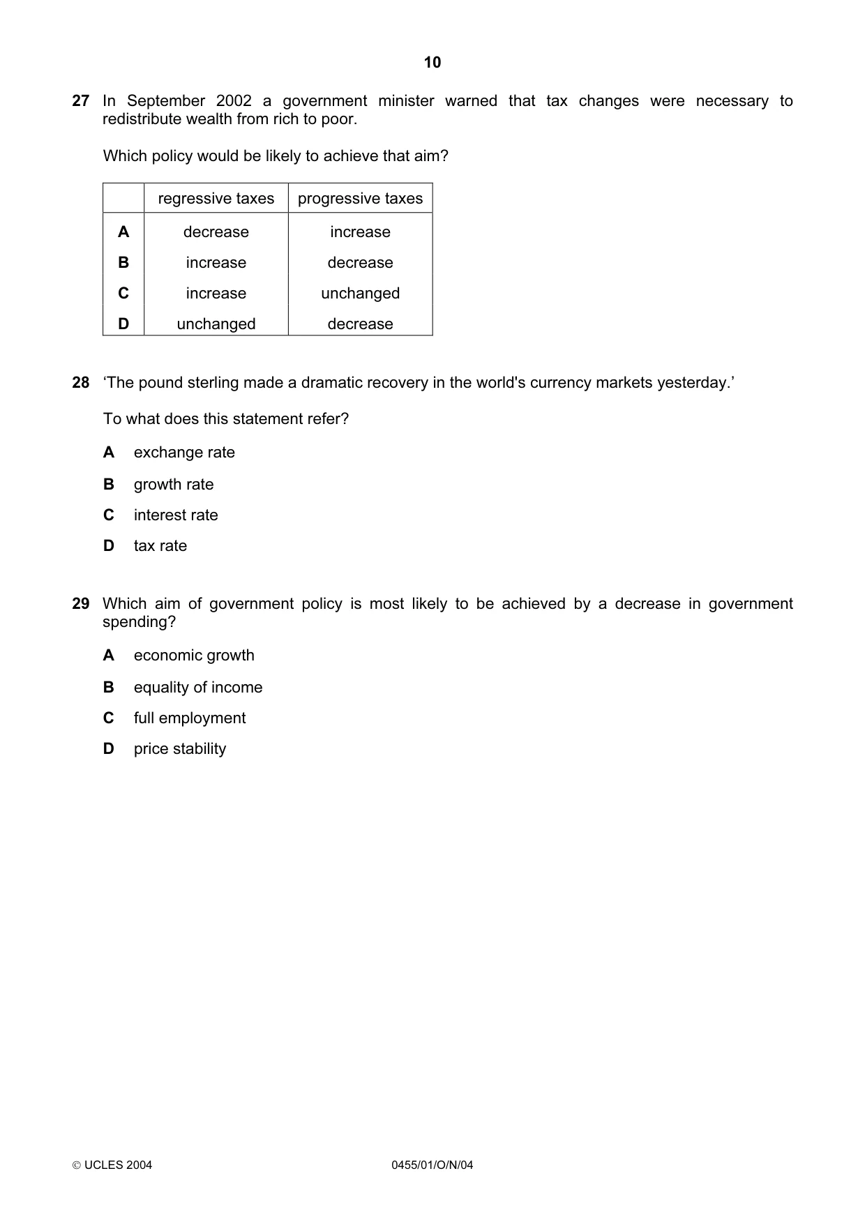 Cambridge IGCSE Economics 0455 2004 Oct/Nov Paper 1 · Variant 1 question paper, page 10 of 16