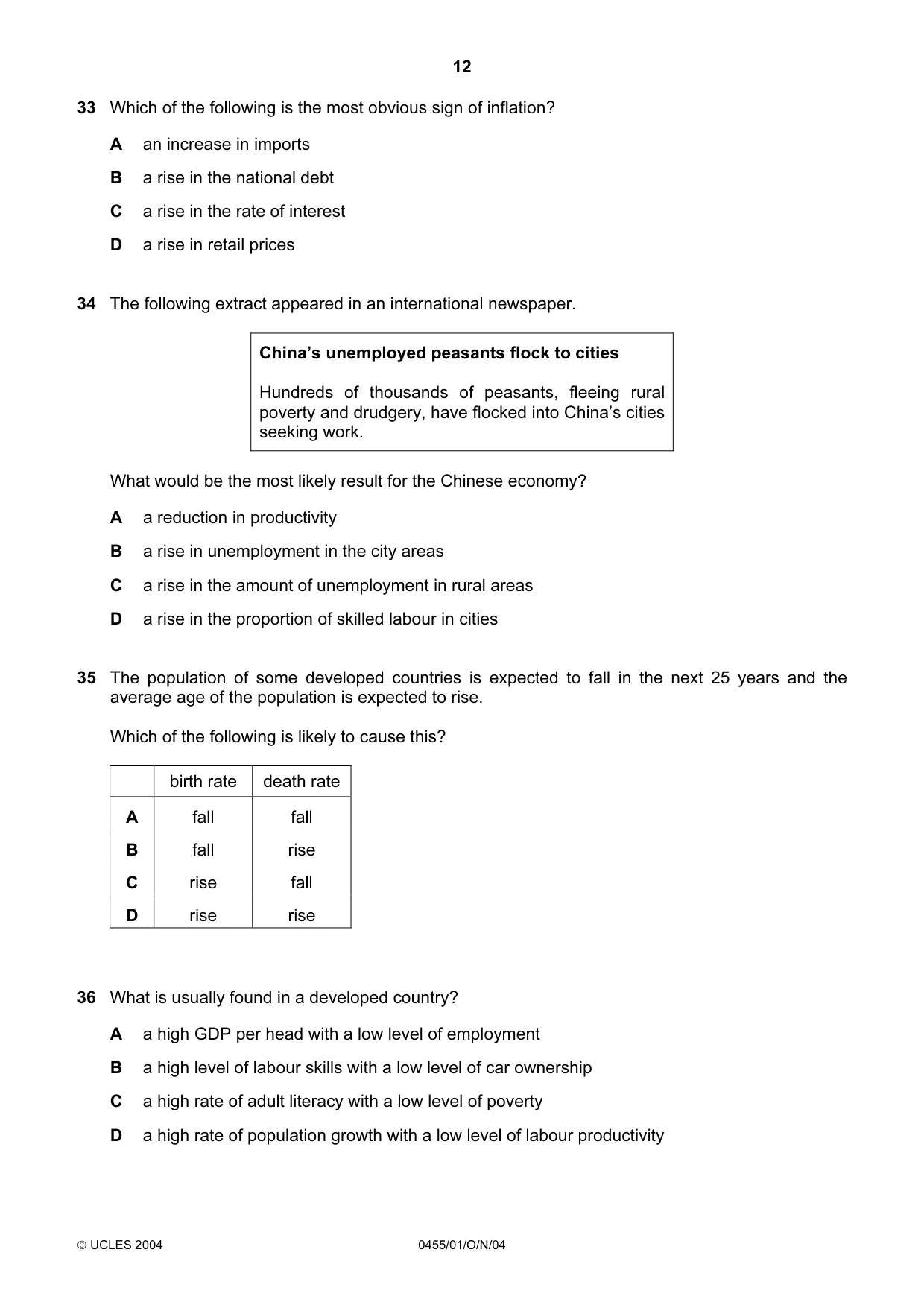 Cambridge IGCSE Economics 0455 2004 Oct/Nov Paper 1 · Variant 1 question paper, page 12 of 16