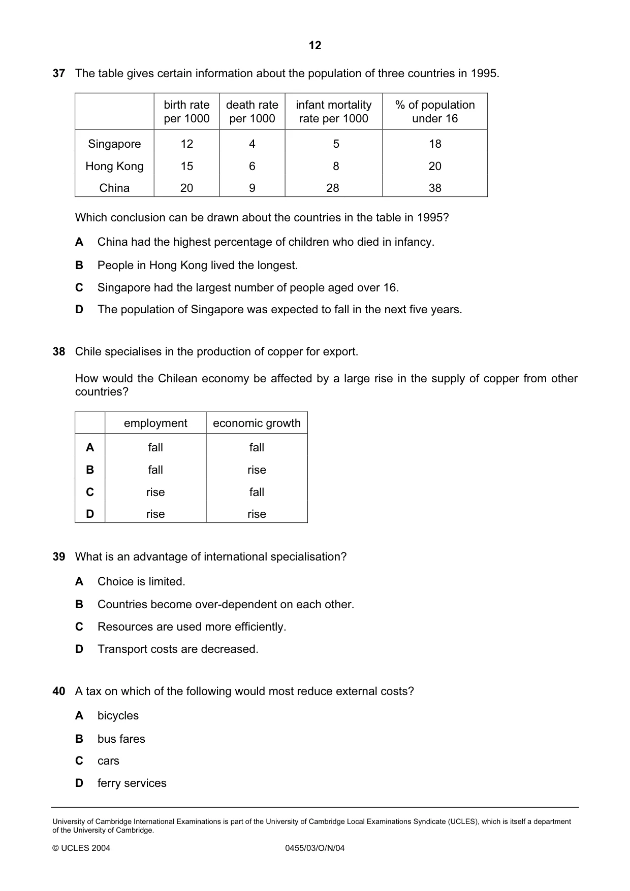 Cambridge IGCSE Economics 0455 2004 Oct/Nov Paper 3 · Variant 1 question paper, page 12 of 12