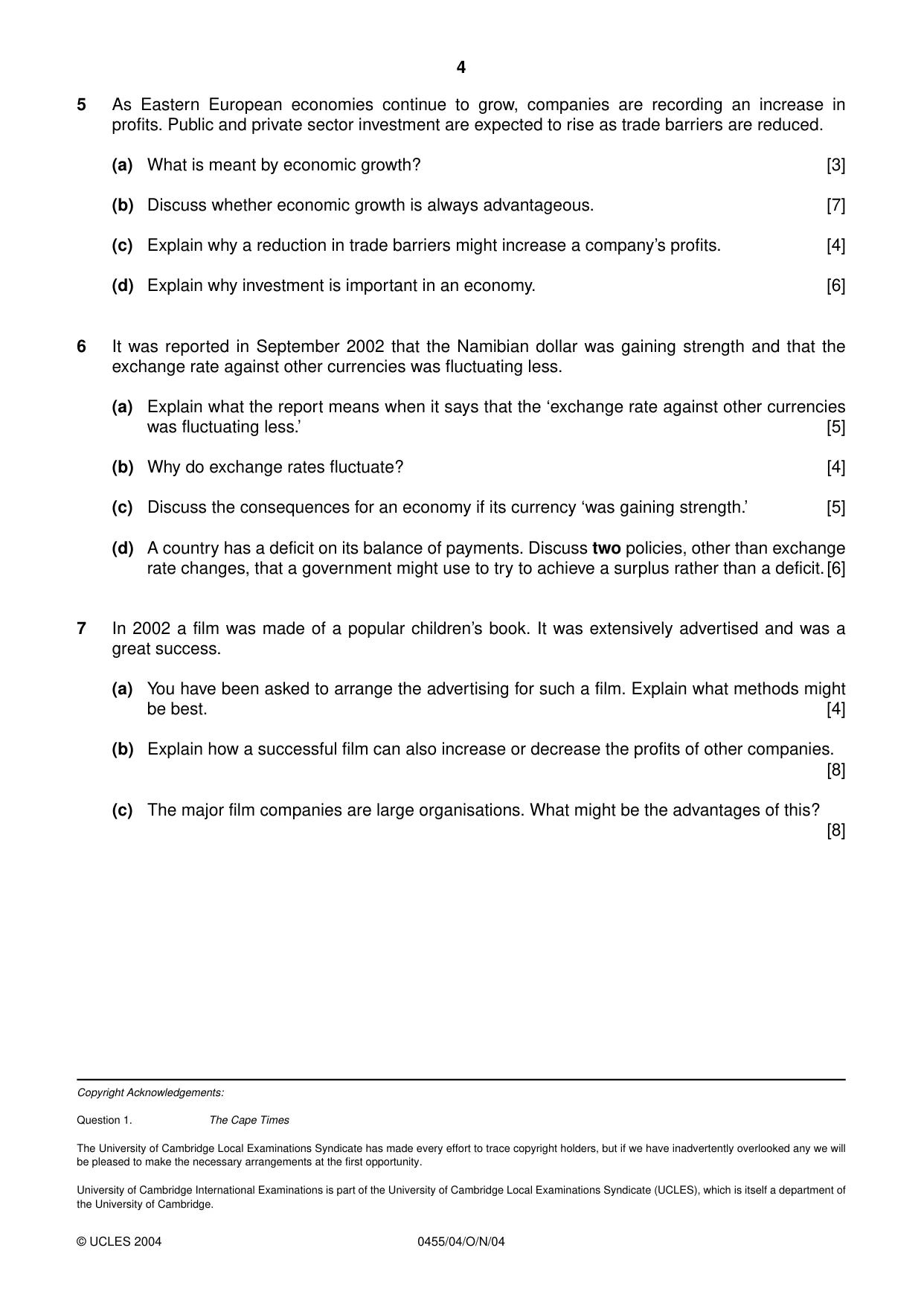 Cambridge IGCSE Economics 0455 2004 Oct/Nov Paper 4 · Variant 1 question paper, page 4 of 4